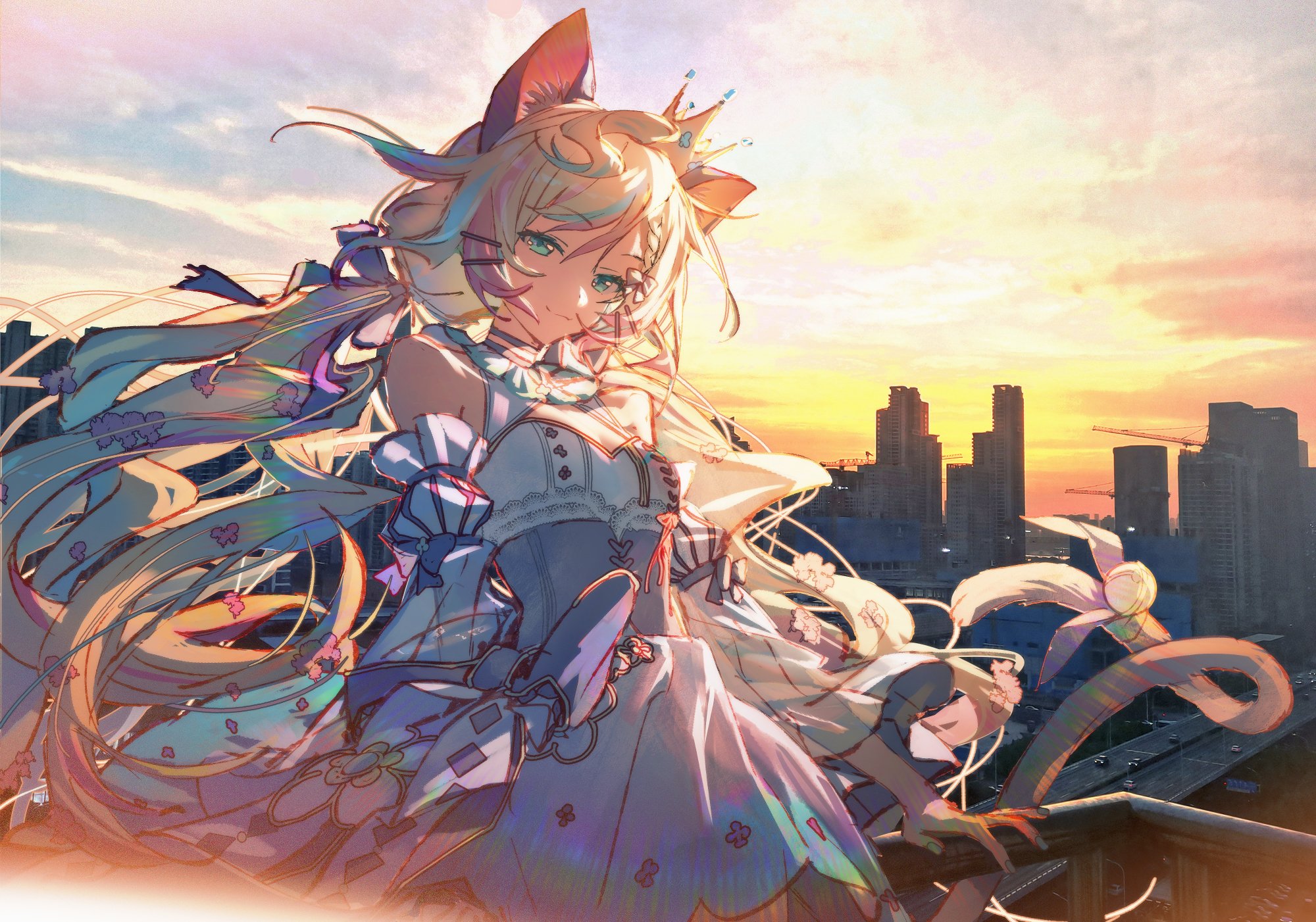andrias919, millie parfait, millie parfait (anniversary dress), nijisanji, nijisanji en, chinese commentary, highres, 1girl, against railing, ahoge, animal ear fluff, animal ears, aqua eyes, aqua hair, aqua nails, bell, blonde hair, braid, breasts, cat ears, cat tail, city, cleavage, crown, detached sleeves, dress, fang, jingle bell, lens flare, light smile, long hair, looking at viewer, low twintails, multicolored hair, painterly, railing, skin fang, small breasts, solo, streaked hair, sunset, tail, tail bell, tail ornament, twintails, very long hair, virtual youtuber, white dress