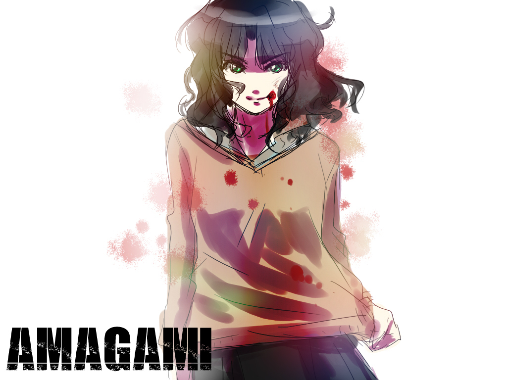 ririclub, tanamachi kaoru, amagami, black hair, blood, green eyes, messy hair, sketch, solo, sweater, wavy hair