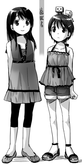 taira tsukune, ayase ena, danboo, hayasaka miura, yotsubato!, 2girls, camisole, greyscale, long hair, monochrome, multiple girls, short hair