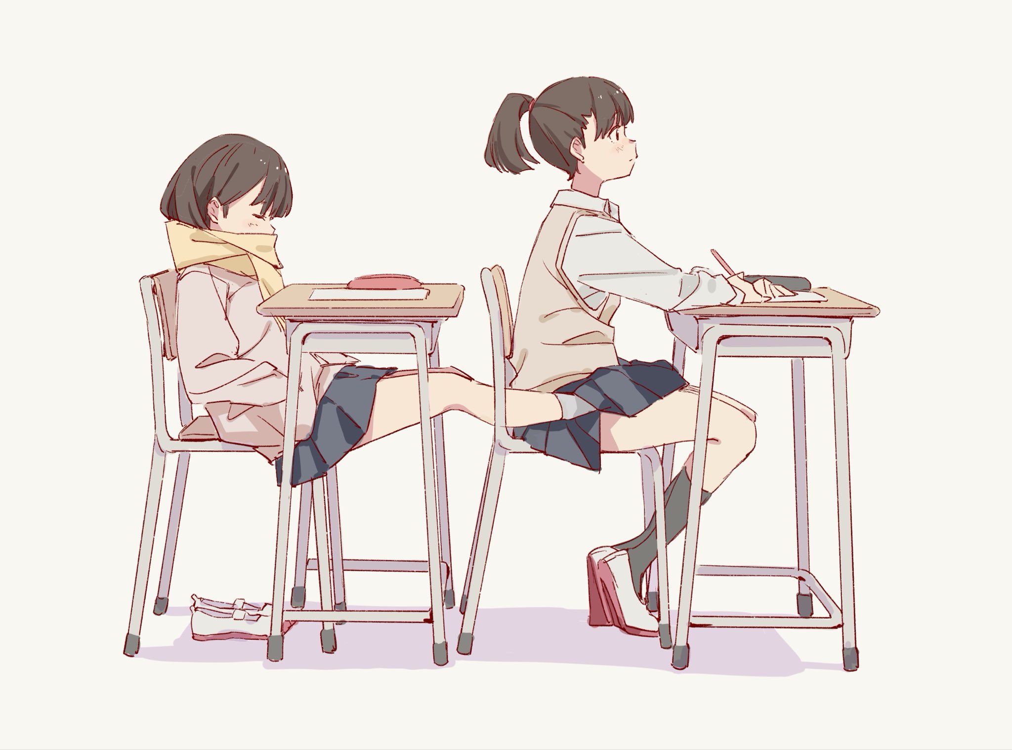 popman3580, original, highres, 2girls, bob cut, brown hair, chair, closed eyes, cold, desk, from side, holding, holding pencil, multiple girls, pencil, pleated skirt, ponytail, scarf, school chair, school desk, school uniform, shoes, sitting, skirt, unworn shoes, uwabaki, white background, yellow scarf