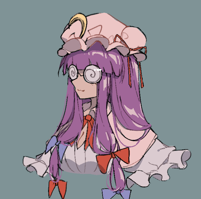 ourie, patchouli knowledge, touhou, commentary, english commentary, 1girl, blunt bangs, bow, bowtie, breasts, capelet, cleavage, coke-bottle glasses, cropped torso, frilled capelet, frills, glasses, hair bow, hat, long hair, mob cap, multiple hair bows, purple hair, smile, solo