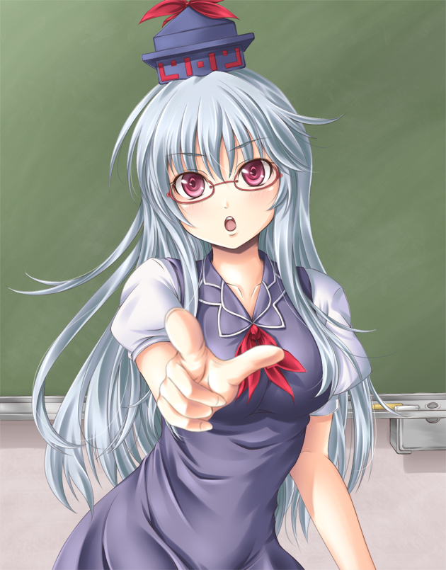 mochi.f, kamishirasawa keine, touhou, silver hair, bad id, bad pixiv id, 1girl, :o, bespectacled, chalkboard, female focus, foreshortening, glasses, hat, long hair, pointing, purple eyes, red-framed eyewear, solo