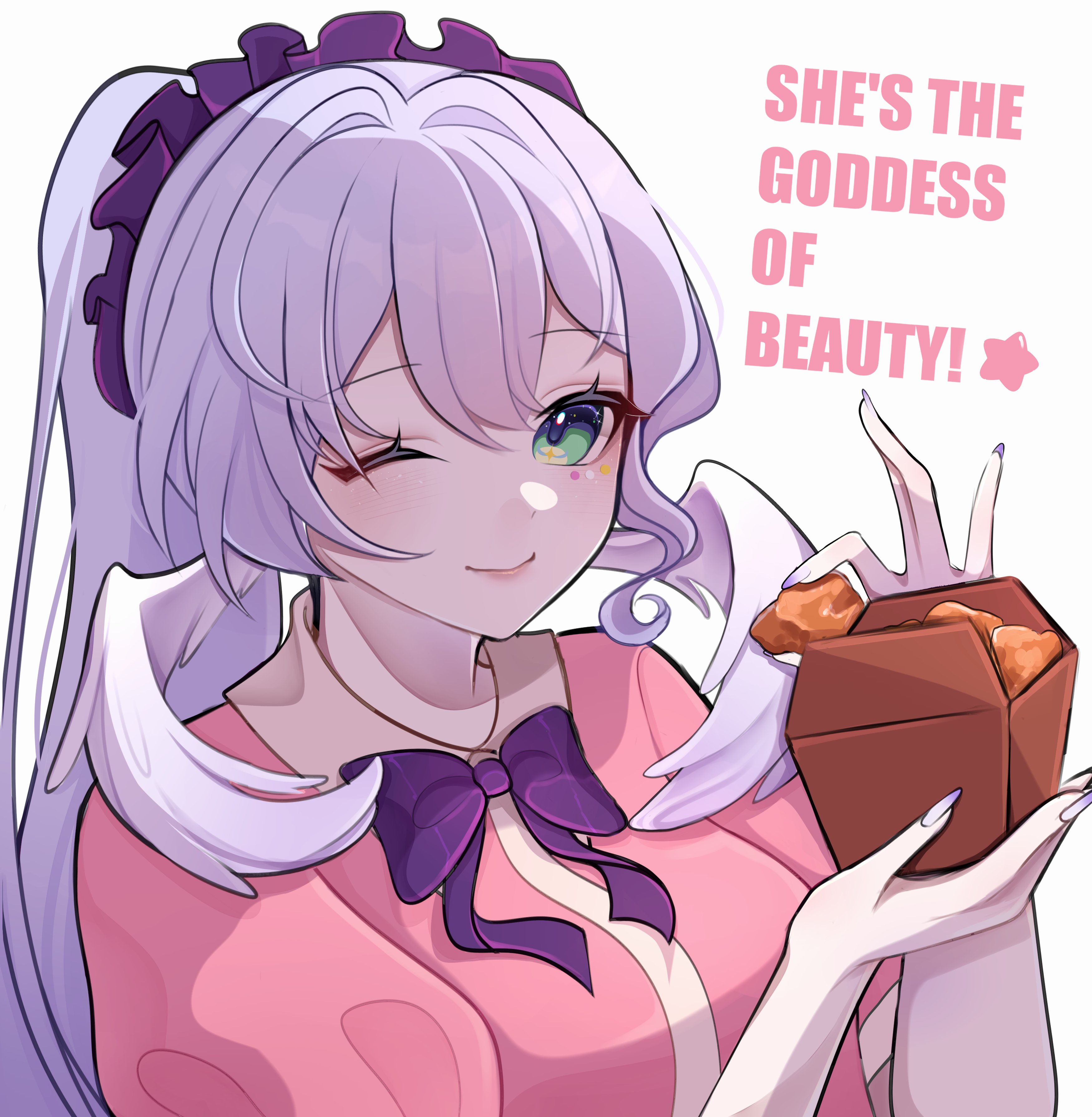 rosheil, robin (honkai: star rail), honkai: star rail, honkai (series), absurdres, commentary, highres, 1girl, alternate costume, aqua eyes, bow, box, breasts, chicken nuggets, closed mouth, double-parted bangs, english text, fingernails, food, frilled hairband, frills, hairband, head wings, holding, holding box, holding food, jewel under eye, long hair, looking at viewer, medium breasts, nail polish, one eye closed, pink shirt, purple bow, purple hair, purple hairband, purple nails, shirt, simple background, smile, solo, star (symbol), upper body, white background, white wings, wings