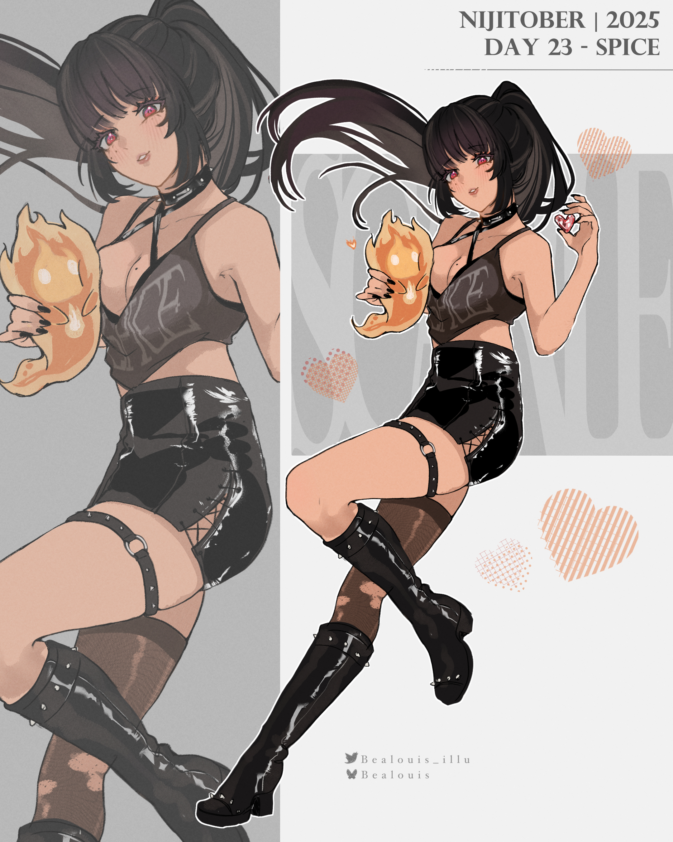 bealouis illu, scarle yonaguni, nijisanji, nijisanji en, absurdres, highres, 1girl, artist name, black hair, black shirt, blush, boots, breast press, breasts, character name, cleavage, collar, floating hair, full body, heart, high heels, high ponytail, holding, holding heart, knee boots, leather, leather skirt, looking at viewer, medium breasts, mole, mole on breast, o-ring, o-ring thigh strap, parted lips, ponytail, red eyes, scarling (scarle yonaguni), shirt, skirt, spiked collar, spikes, thigh strap, twitter username, virtual youtuber, zoom layer