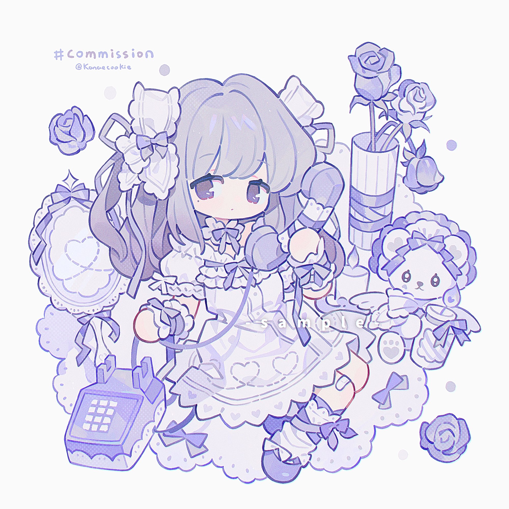 kanae (cookie), original, commission, highres, 1girl, antique phone, ball hands, chibi, chibi only, closed mouth, dress, flower, full body, holding, holding phone, long hair, looking at viewer, off-shoulder dress, off shoulder, phone, purple eyes, purple flower, purple hair, purple shoes, purple theme, purple tulip, rotary phone, shoes, short sleeves, simple background, socks, solo, tulip, twitter username, white background, white dress, white socks