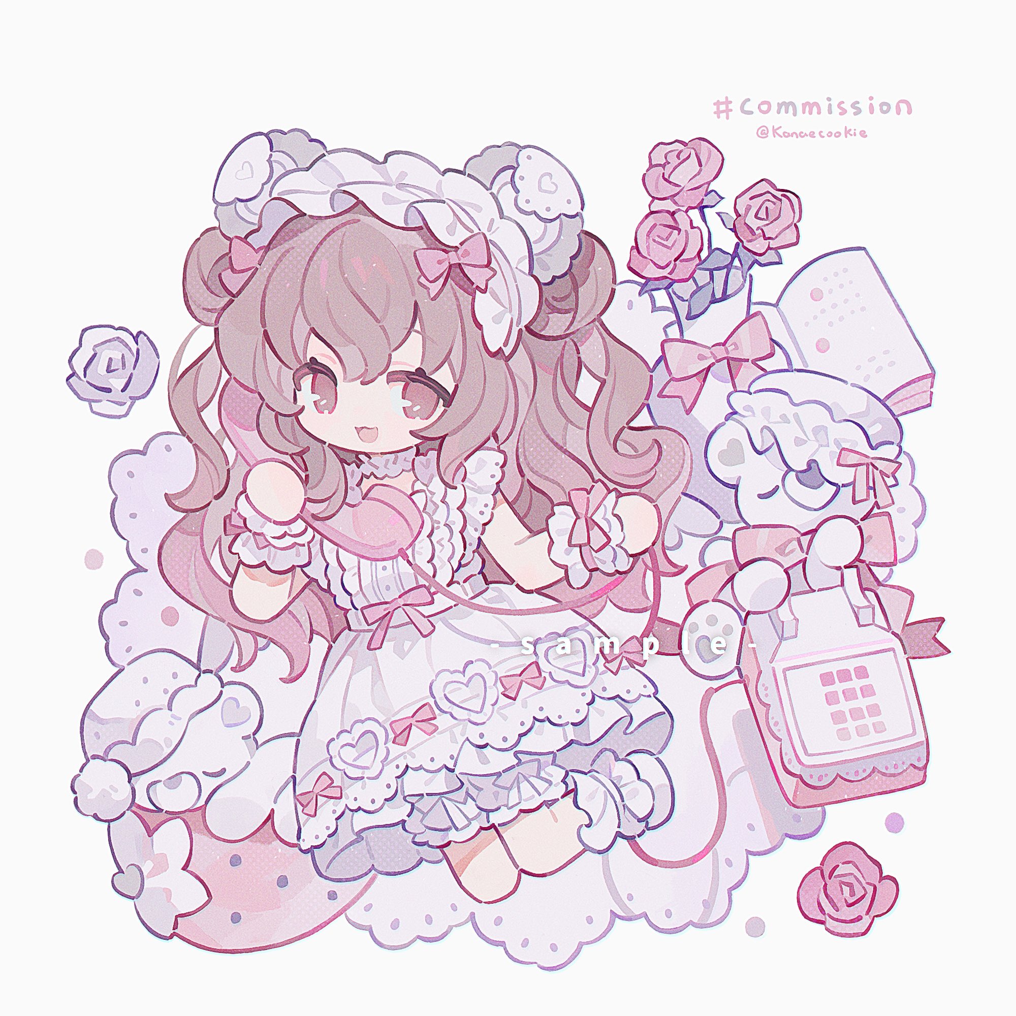 kanae (cookie), original, commission, highres, 1girl, :3, :d, ball hands, book, brown hair, chibi, chibi only, corded phone, dress, flower, frilled hairband, frills, full body, hairband, hands up, holding, holding phone, long hair, looking at viewer, open book, open mouth, phone, pink eyes, pink flower, pink rose, rose, simple background, sleeveless, sleeveless dress, smile, socks, solo, twitter username, white background, white dress, white hairband, white socks, wrist cuffs