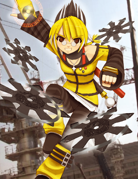 nagase, kof: maximum impact, snk, the king of fighters, tagme, 1girl, black hair, blonde hair, brown eyes, female focus, glasses, multicolored hair, ninja, solo, weapon, white hair