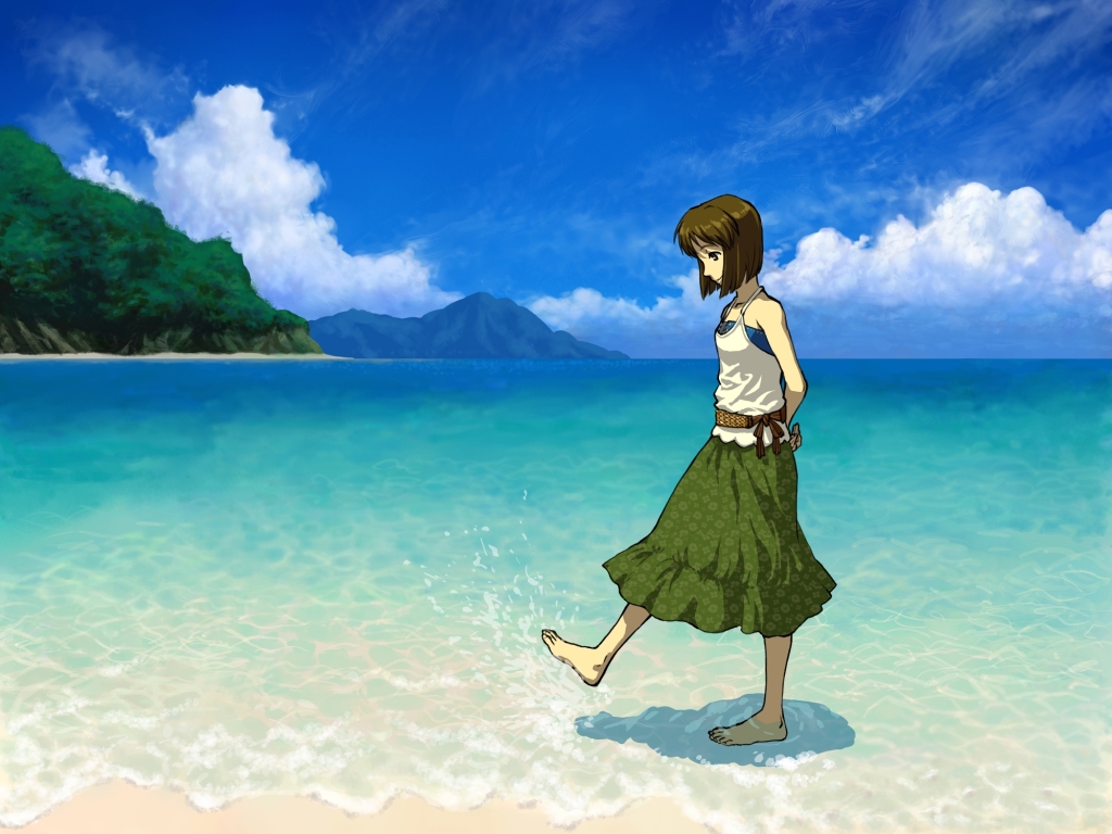 om (carbohydratism), hagiwara yukiho, idolmaster, idolmaster (classic), bad id, bad pixiv id, 00s, 1girl, arms behind back, barefoot, beach, brown hair, day, feet, female focus, hill, mountain, o'm, ocean, outdoors, scenery, sky, solo, wading, water