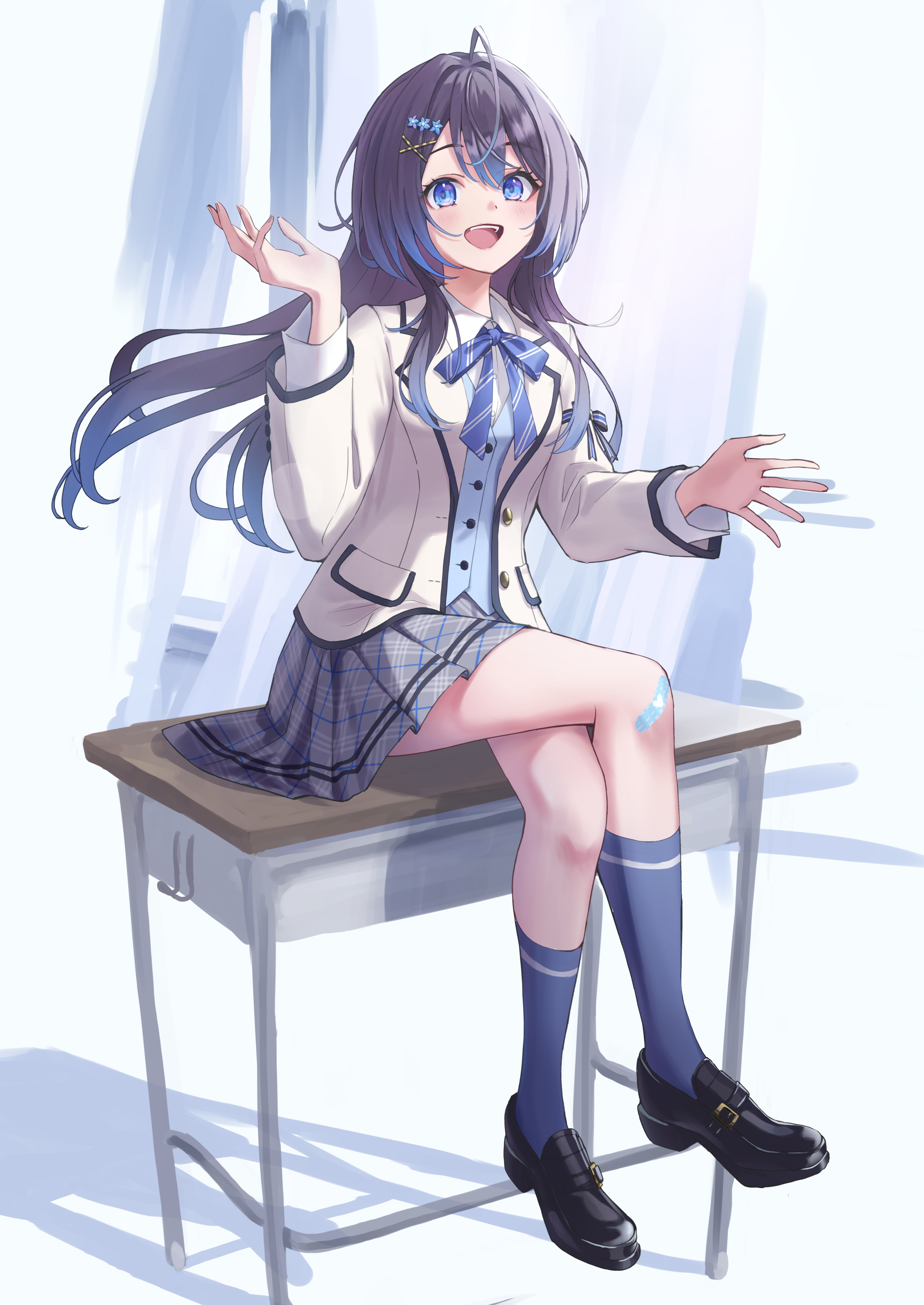 png pant (bus), indie virtual youtuber, absurdres, commentary request, highres, 1girl, :d, black hair, black shoes, black socks, blazer, blue bow, blue bowtie, blue eyes, blue ribbon, blue vest, bow, bowtie, buttons, collared shirt, crossed legs, desk, diagonal-striped bow, diagonal-striped bowtie, diagonal-striped clothes, diagonal-striped ribbon, grey skirt, hair between eyes, hair ornament, hairpin, hanayori yoruha, hand up, jacket, kneehighs, loafers, long hair, long sleeves, neck ribbon, open mouth, plaid clothes, plaid skirt, pleated skirt, pocket, ribbon, school desk, school uniform, shirt, shoes, skirt, smile, socks, solo, striped bow, striped bowtie, striped clothes, teeth, thighs, tongue, upper teeth only, vest, virtual youtuber, white jacket, white shirt, x hair ornament