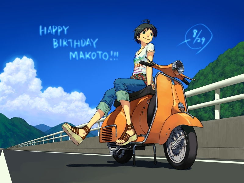 om (carbohydratism), kikuchi makoto, idolmaster, idolmaster (classic), vespa, vehicle, bad id, bad pixiv id, 00s, 1girl, ahoge, cloud, day, denim, female focus, happy birthday, hill, jeans, motor vehicle, o'm, pants, road, sandals, scooter, short hair, sky, solo