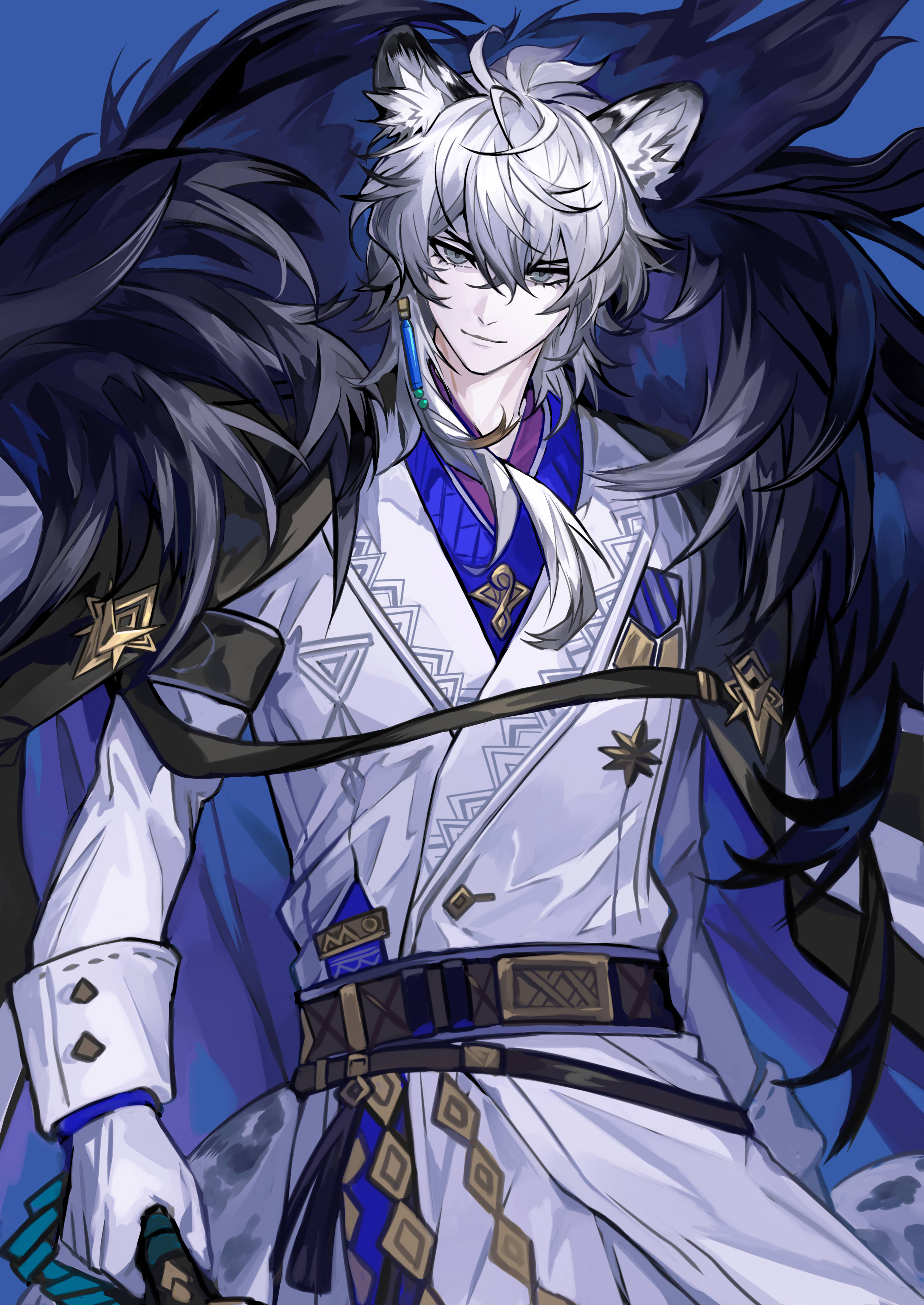 cen (acheng02806053), silverash (arknights), arknights, absurdres, highres, 1boy, animal ear fluff, animal ears, armband, belt, belt buckle, black feathers, blue cape, blue shirt, brown belt, buckle, cape, closed mouth, coat, cowboy shot, double-parted bangs, earrings, eyelashes, feather-trimmed cape, feathers, gloves, grey eyes, grey hair, jewelry, lapels, long sleeves, male focus, official alternate costume, piercing, shirt, silverash the reignfrost (arknights), single earring, sleeve cuffs, smile, solo, white coat, white gloves
