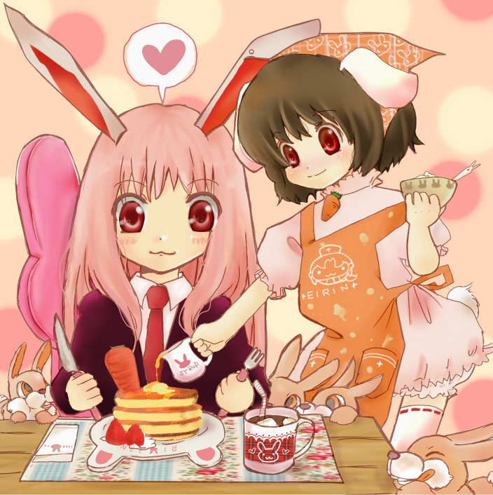 snowling, inaba tewi, reisen udongein inaba, touhou, 2girls, animal ears, brown hair, female focus, food, fork, headscarf, heart, knife, long hair, multiple girls, orange headscarf, pancake, pink hair, rabbit, rabbit ears, red eyes, short hair, sitting, standing, tail, thighhighs