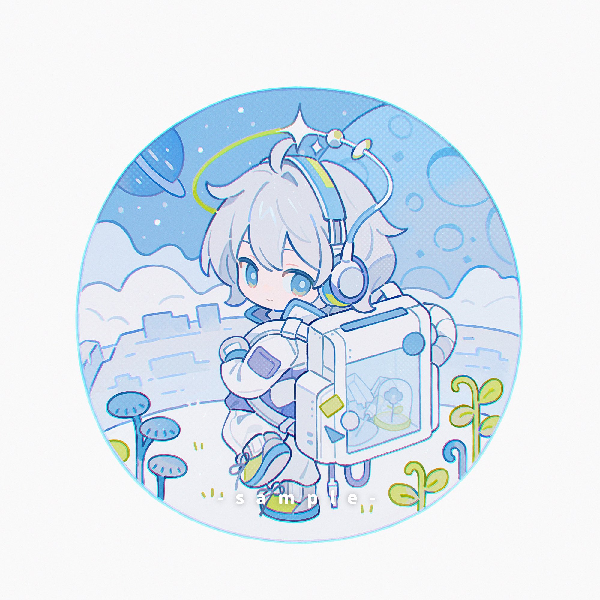 kanae (cookie), original, highres, 1girl, ahoge, backpack, bag, blue eyes, chibi, chibi only, closed mouth, double-parted bangs, full body, gloves, green shoes, grey gloves, grey hair, jacket, long sleeves, looking at viewer, pants, sample watermark, shoes, short hair, smile, sneakers, solo, standing, standing on one leg, watermark, white jacket, white pants