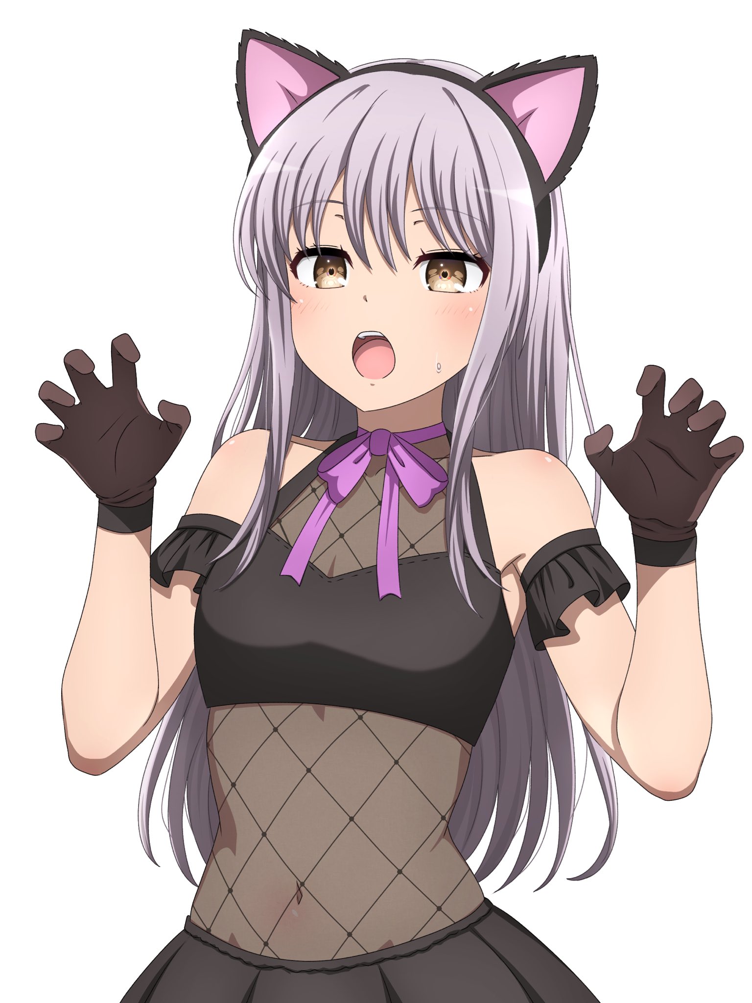 noshimurin, minato yukina, bang dream!, commentary, highres, 1girl, animal ear hairband, animal ears, blush, breasts, brown eyes, brown gloves, cat ears, claw pose, fake animal ears, gloves, grey hair, hairband, long hair, navel, open mouth, simple background, small breasts, solo, sweatdrop, teeth, upper teeth only, white background