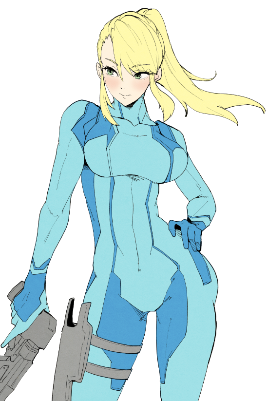 41 (taskmaster41), samus aran, metroid, nintendo, commentary request, 1girl, blonde hair, blue bodysuit, bodysuit, breasts, collarbone, green eyes, gun, hand on own hip, handgun, holding, holding gun, holding weapon, holster, long hair, looking to the side, ponytail, sidelocks, simple background, solo, thigh holster, weapon, white background, zero suit
