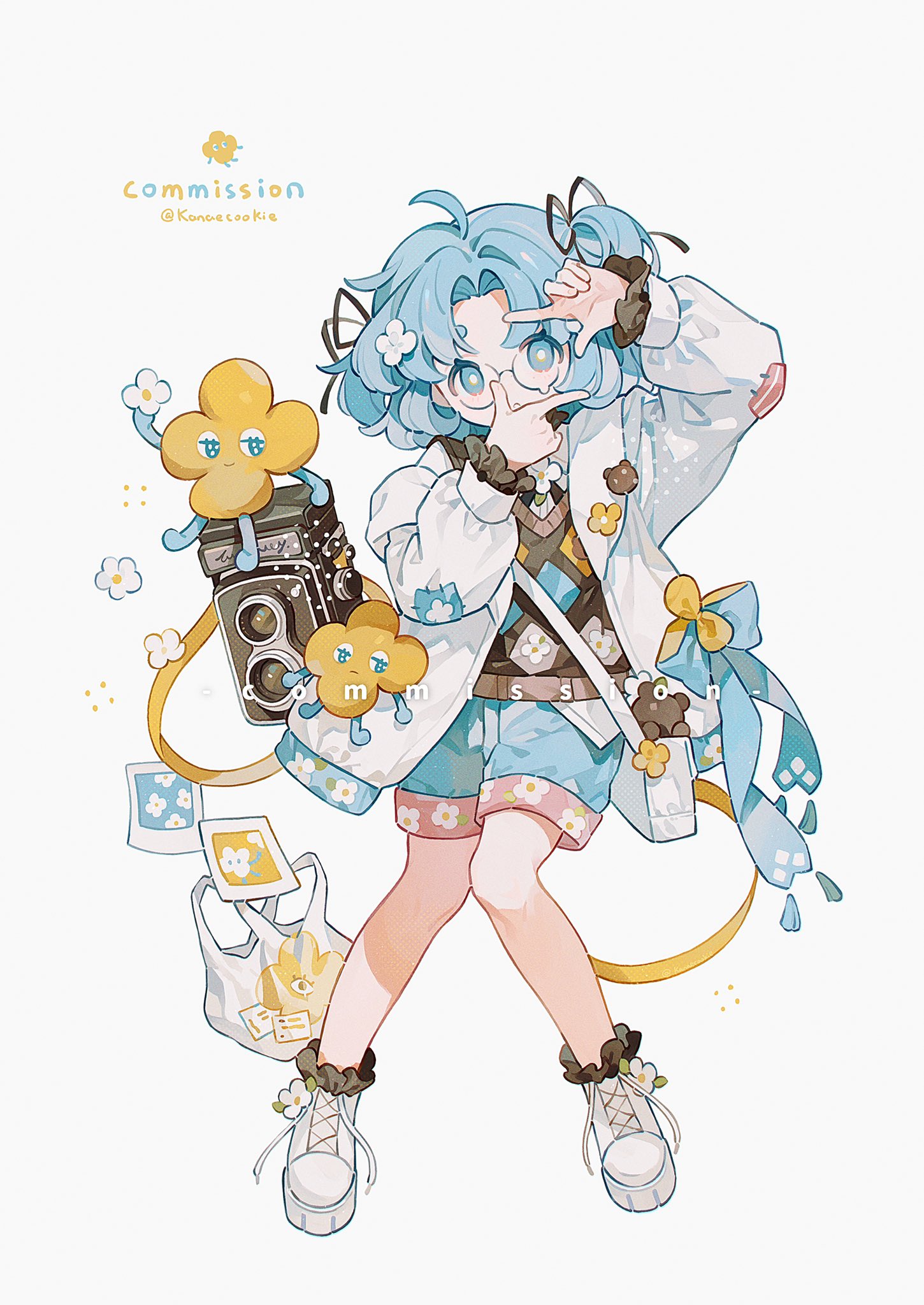 kanae (cookie), original, twitter, commission, hashtag-only commentary, highres, 1girl, arm up, bag, belt, black ribbon, blue hair, blue shorts, boots, borrowed character, bright pupils, brown belt, brown sweater vest, camera, closed mouth, creature, curtained hair, finger frame, finger frame over eye, flower, footwear flower, full body, hair flower, hair ornament, hair ribbon, hand up, jacket, knees together feet apart, long sleeves, looking at viewer, middle part, one side up, photo (object), plastic bag, ribbon, shirt, short hair, shorts, simple background, solo, sweater vest, untied shoelaces, untucked shirt, unworn bag, watermark, white background, white bag, white boots, white flower, white jacket, white pupils