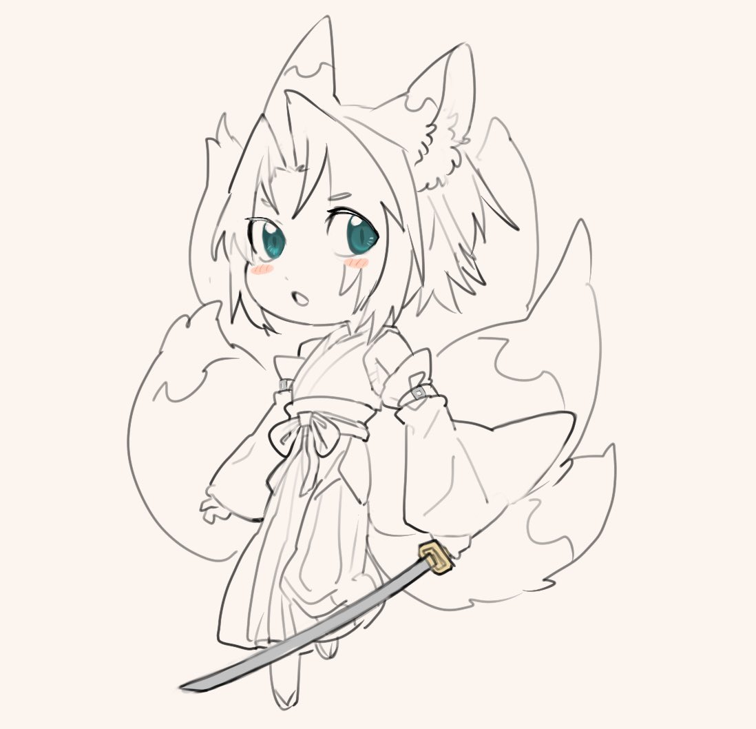 hattouissenbaka, sephiroth, sephiroth (ever crisis), final fantasy, final fantasy vii, final fantasy vii ever crisis, commentary request, 1boy, :o, alternate costume, animal ears, aqua eyes, arm belt, blush stickers, clothing cutout, detached sleeves, fox boy, fox ears, fox tail, full body, geta, hair intakes, hakama, hakama pants, hip vent, holding, holding sword, holding weapon, japanese clothes, katana, kemonomimi mode, kimono, kitsune, leg up, male focus, multiple tails, open mouth, pants, parted bangs, short hair, sketch, sleeveless, sleeveless kimono, solo, spot color, sword, tail, weapon, wide sleeves