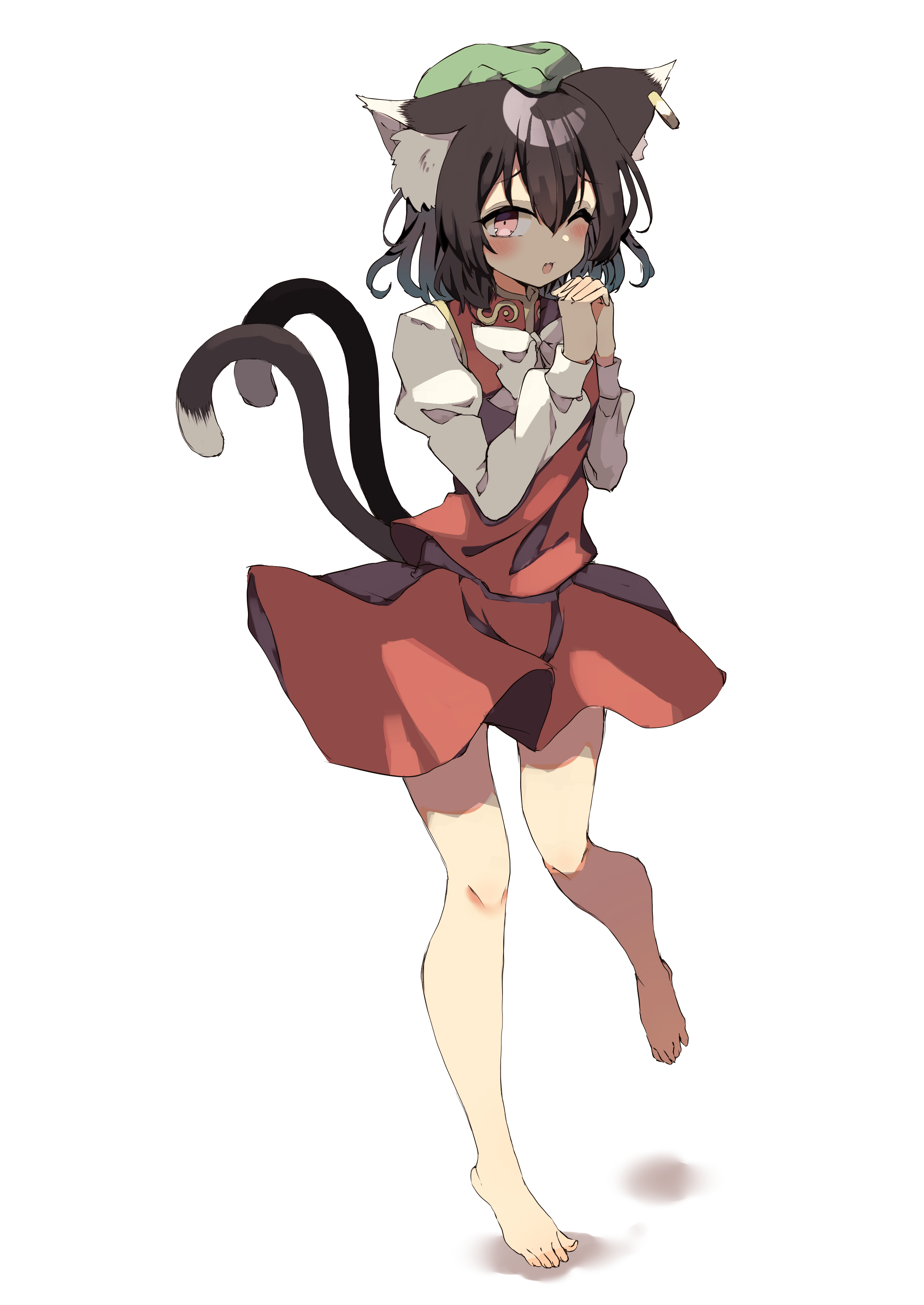 seika okawari, chen, touhou, absurdres, check commentary, commentary request, highres, 1girl, ;d, animal ear fluff, animal earrings, animal ears, bare legs, barefoot, blush, bow, bowtie, brown hair, cat ears, cat girl, cat tail, full body, green hat, hair between eyes, hat, interlocked fingers, juliet sleeves, long sleeves, looking at viewer, multiple tails, one eye closed, open mouth, orange skirt, orange vest, own hands together, puffy sleeves, simple background, skirt, smile, solo, standing, standing on one leg, tail, toes, two tails, vest, white background, white bow, white bowtie