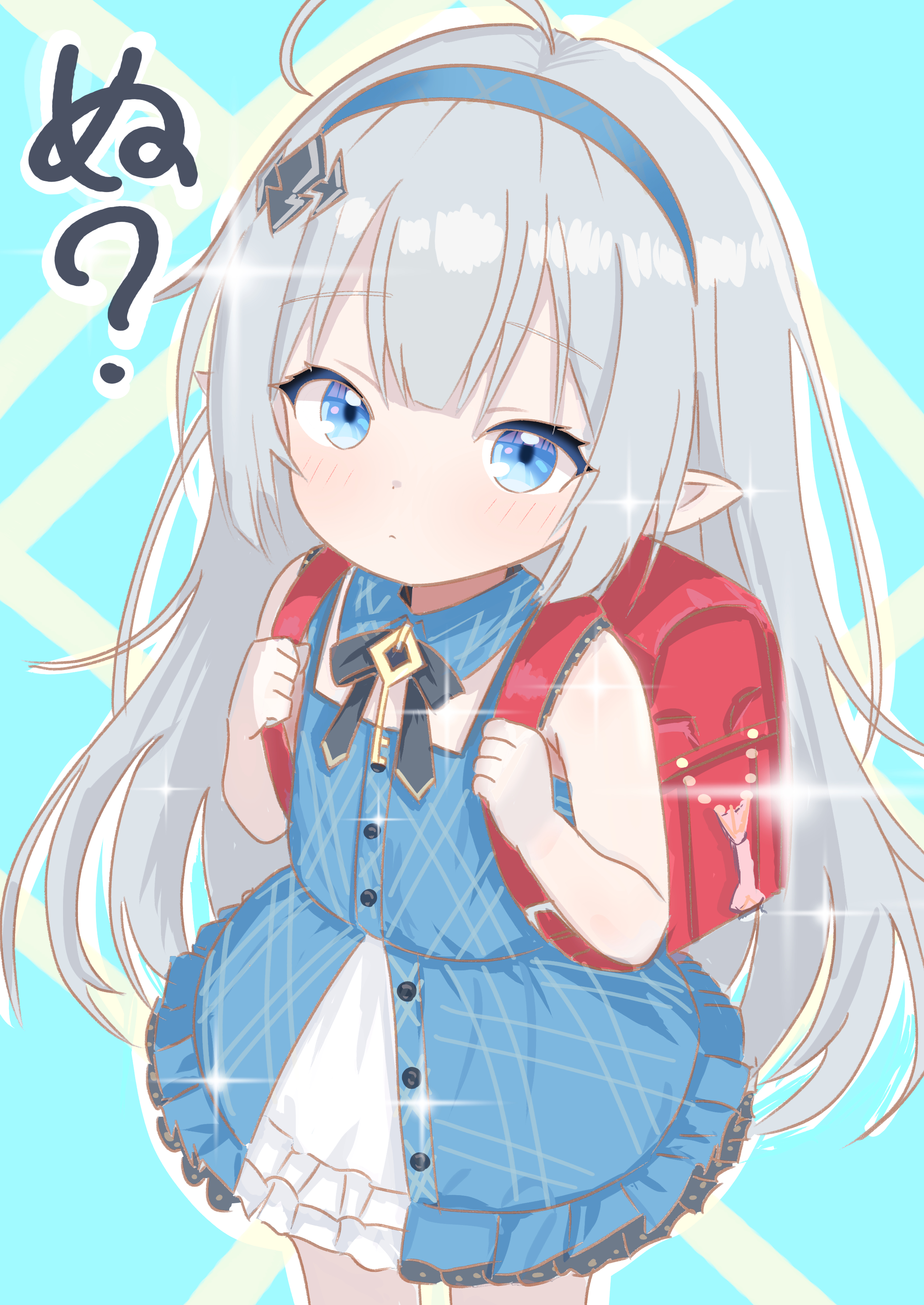 gallve, female tyrant (stella sora), tyrant (stella sora), stella sora, absurdres, highres, translated, 1girl, adapted costume, aged down, ahoge, backpack, bag, blue dress, blue eyes, blue hairband, dress, grey hair, hairband, long hair, looking at viewer, pointy ears, randoseru, simple background, sleeveless, sleeveless dress, solo, very long hair