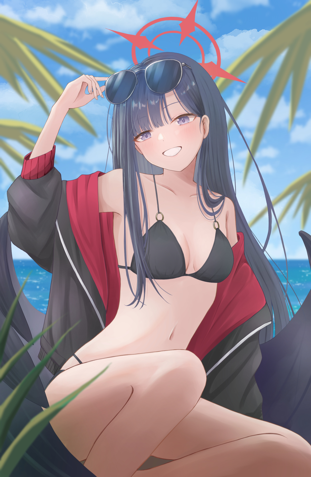 a ekoa, ichika (blue archive), ichika (swimsuit) (blue archive), blue archive, commentary, highres, 1girl, :d, adjusting eyewear, bare shoulders, bikini, black bikini, black hair, black jacket, black wings, blue sky, blunt bangs, breasts, breasts apart, collarbone, convenient leg, day, eyewear on head, feathered wings, feet out of frame, grey eyes, grin, hair behind ear, hair over shoulder, halo, hand up, jacket, knee up, long hair, looking at viewer, low wings, medium breasts, navel, ocean, official alternate costume, open clothes, open jacket, open mouth, outdoors, red halo, sitting, sky, smile, solo, stomach, straight hair, sunglasses, swimsuit, tsurime, unusually open eyes, very long hair, wings