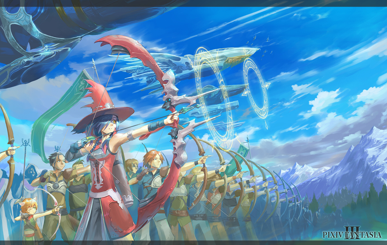 iceojin, pixiv fantasia, pixiv fantasia 3, bad id, bad pixiv id, 2girls, 6+boys, aircraft, airship, army, bow (weapon), cloud, copyright name, day, drawing bow, flying, hair over one eye, hat, holding, holding bow (weapon), holding weapon, magic circle, mountain, multiple boys, multiple girls, ship, sky, watercraft, weapon, witch hat, yellow eyes