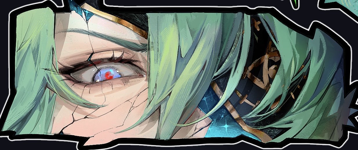anaxa (honkai: star rail), honkai: star rail, honkai (series), commentary, hashtag-only commentary, 1boy, blue eyes, close-up, cracked skin, eye focus, eyelashes, eyepatch, green hair, hair between eyes, irr0ra, looking down, male focus, one eye covered, red pupils, sanpaku, solo, star (sky)