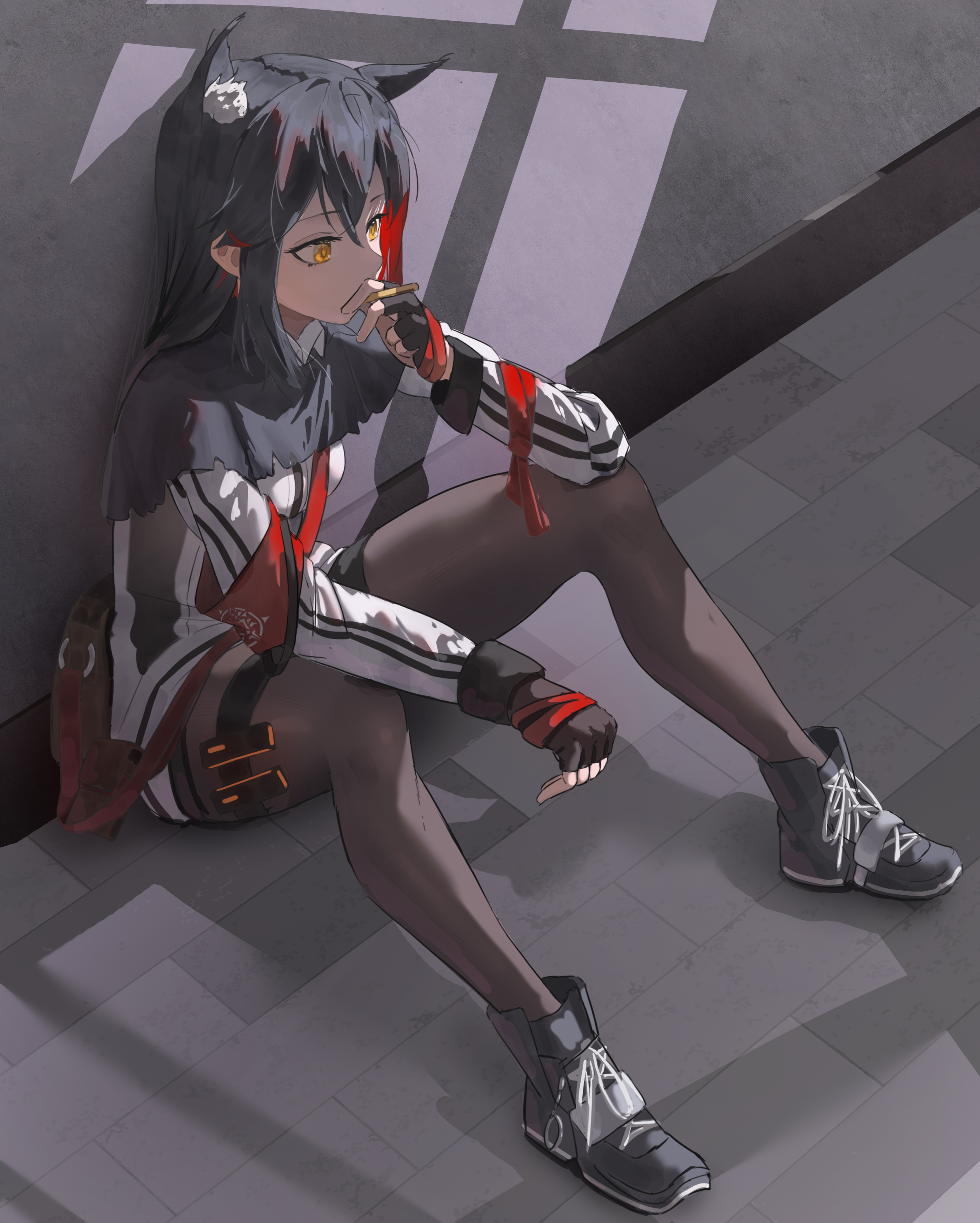 user yjvm2424, texas (arknights), arknights, absurdres, highres, 1girl, animal ear fluff, animal ears, black gloves, black hair, black pantyhose, black shoes, black shorts, cigarette, fingerless gloves, gloves, hair between eyes, holding, holding cigarette, jacket, long hair, looking ahead, on ground, pantyhose, shoes, shorts, sitting, solo, thigh strap, white jacket, wolf ears, wolf girl, yellow eyes