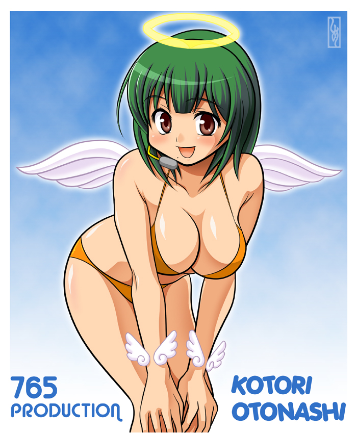 shimeta hiromitsu, otonashi kotori, idolmaster, idolmaster (classic), 00s, 1girl, :d, alternate costume, angel, angel wings, bent over, bikini, blunt bangs, blush, breasts, brown eyes, character name, cleavage, collarbone, female focus, glowing, gradient background, green hair, halo, hands on own knees, headset, large breasts, looking at viewer, microphone, mini wings, mole, mole under mouth, open mouth, orange bikini, outline, short hair, smile, solo, swimsuit, wings