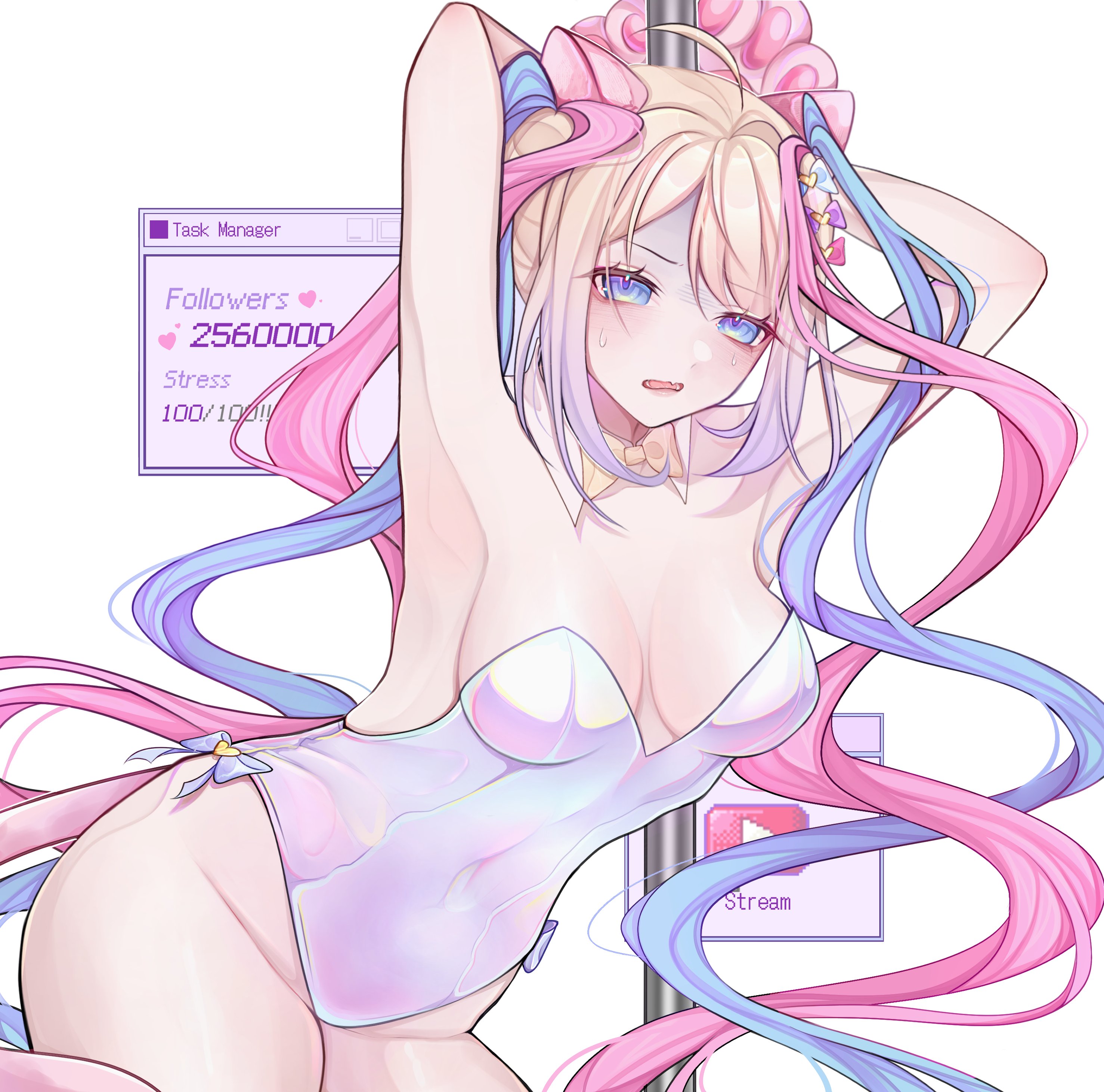 rosheil, chouzetsusaikawa tenshi-chan, needy girl overdose, absurdres, commentary, hashtag-only commentary, highres, 1girl, ahoge, arms behind back, arms up, blonde hair, blue eyes, blue hair, bow, bowtie, breasts, cowboy shot, detached collar, hair bow, leaning forward, leotard, long hair, looking at viewer, medium breasts, multicolored hair, multiple hair bows, open mouth, parted bangs, pink hair, pole, quad tails, simple background, solo, strapless, strapless leotard, stripper pole, sweat, white background, white leotard, window (computing), yellow bow, yellow bowtie