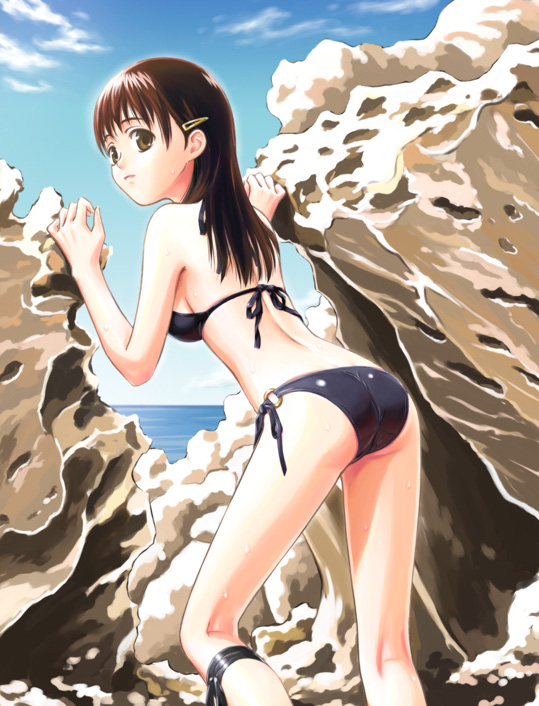 dktaka, original, 1girl, ass, back, beach, bikini, black bikini, breasts, brown eyes, brown hair, day, female focus, from behind, hair ornament, hairclip, halterneck, kneepits, leaning forward, long hair, looking at viewer, looking back, o-ring, o-ring bikini, ocean, outdoors, rock, side-tie bikini bottom, solo, standing, swimsuit, water