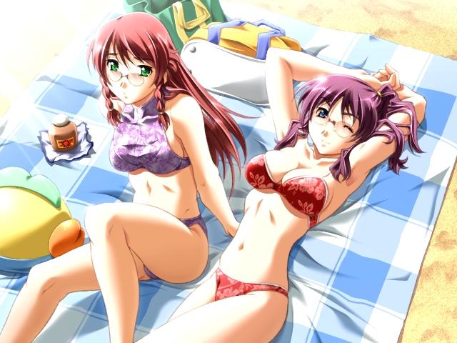 haritama hiroki, ensemble ~maioriru hane no ensemble~, game cg, non-web source, 2girls, bag, bikini, blue eyes, bottle, glasses, green eyes, long hair, lotion, lying, multiple girls, on back, one eye closed, print bikini, purple hair, red hair, sand, sunscreen, swimsuit, wink