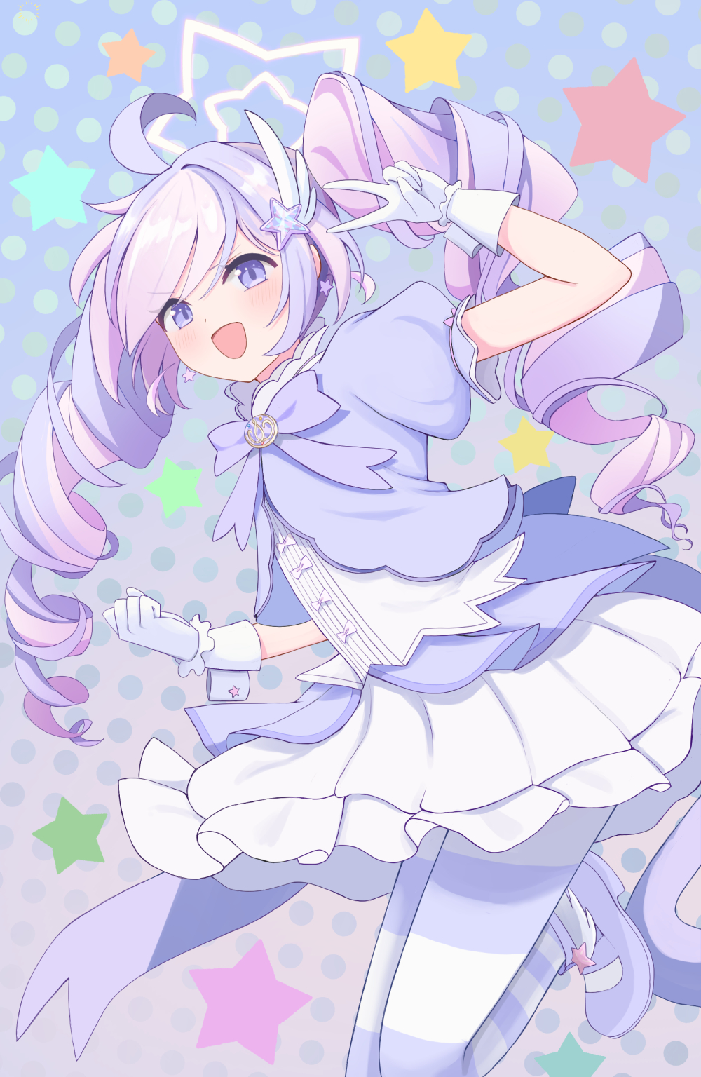 a ekoa, reisa (blue archive), reisa (magical) (blue archive), blue archive, commentary, highres, 1girl, :d, arm up, blue background, blue dress, blush, bow, bowtie, clenched hand, dress, dress bow, drill hair, earrings, frilled dress, frills, gloves, hair between eyes, hair ornament, halo, hand up, jewelry, long hair, looking at viewer, magical girl, mary janes, multicolored hair, official alternate costume, official alternate hairstyle, open mouth, pantyhose, pink bow, pink halo, polka dot, polka dot background, purple bow, purple bowtie, purple eyes, purple shoes, shoes, sidelocks, simple background, smile, solo, star (symbol), star earrings, star hair ornament, star halo, star symbol background, streaked hair, striped clothes, striped pantyhose, tareme, twin drills, twintails, two-tone dress, two-tone hair, v, v-shaped eyebrows, very long hair, white dress, white gloves, wing hair ornament