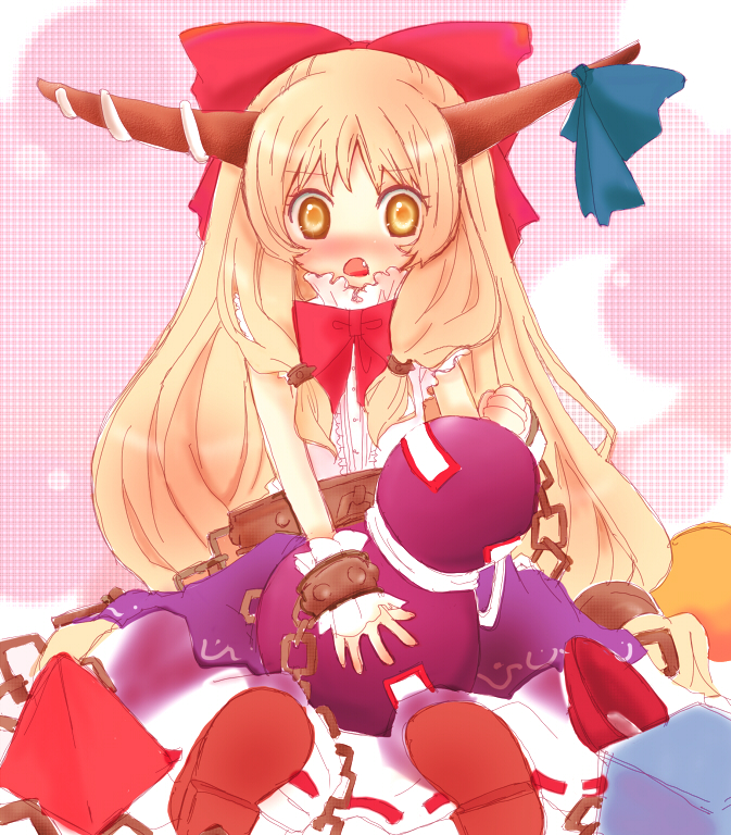 snowling, ibuki suika, touhou, 1girl, blonde hair, blush, bow, chain, fang, female focus, gourd, hair bow, horns, long hair, sitting, solo, yellow eyes