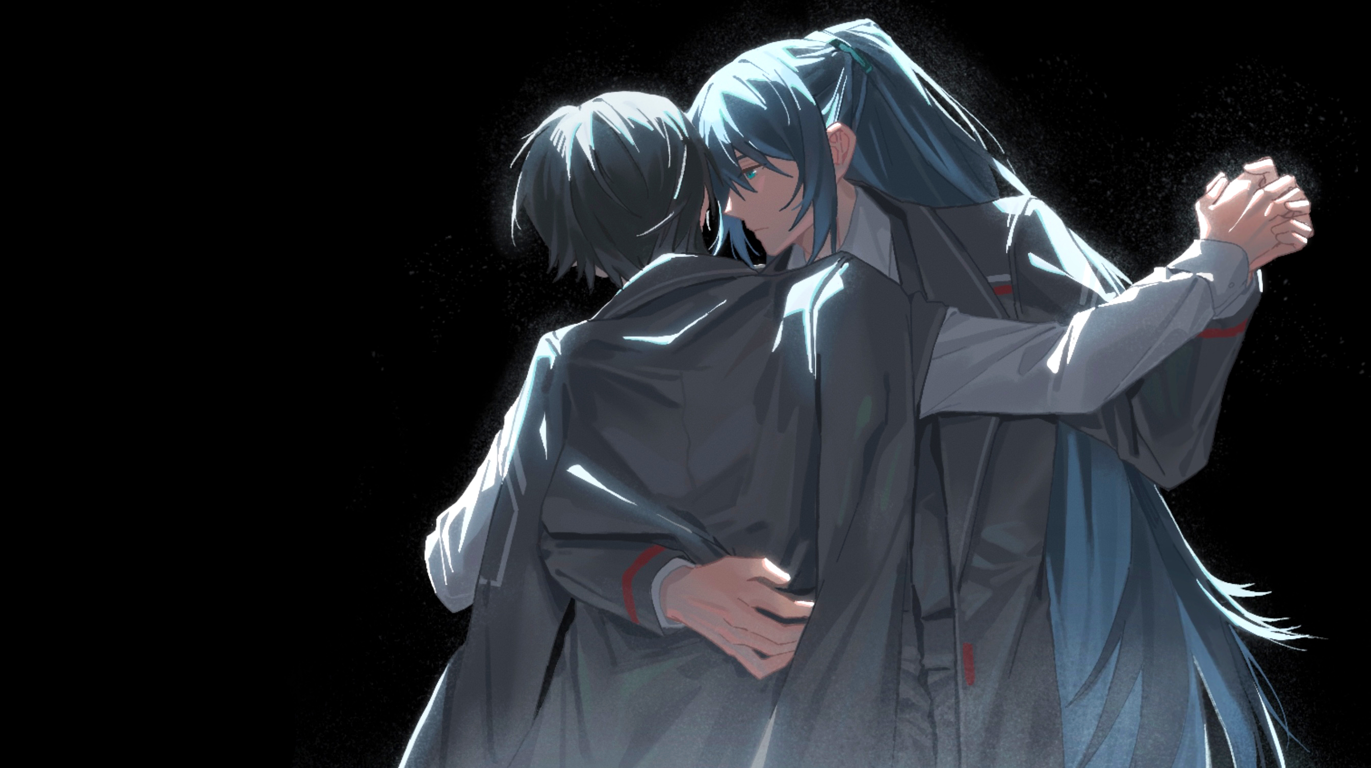 pudding 1106, hong lu (project moon), yi sang (project moon), limbus company, project moon, commentary, english commentary, highres, 2boys, arm around back, backlighting, black background, black hair, black jacket, black vest, blue eyes, collared shirt, dancing, from behind, hand on another's back, high ponytail, holding hands, jacket, jacket on shoulders, long hair, long sleeves, looking at another, male focus, multiple boys, ponytail, shirt, short hair, sidelocks, simple background, very long hair, vest, white shirt, yaoi