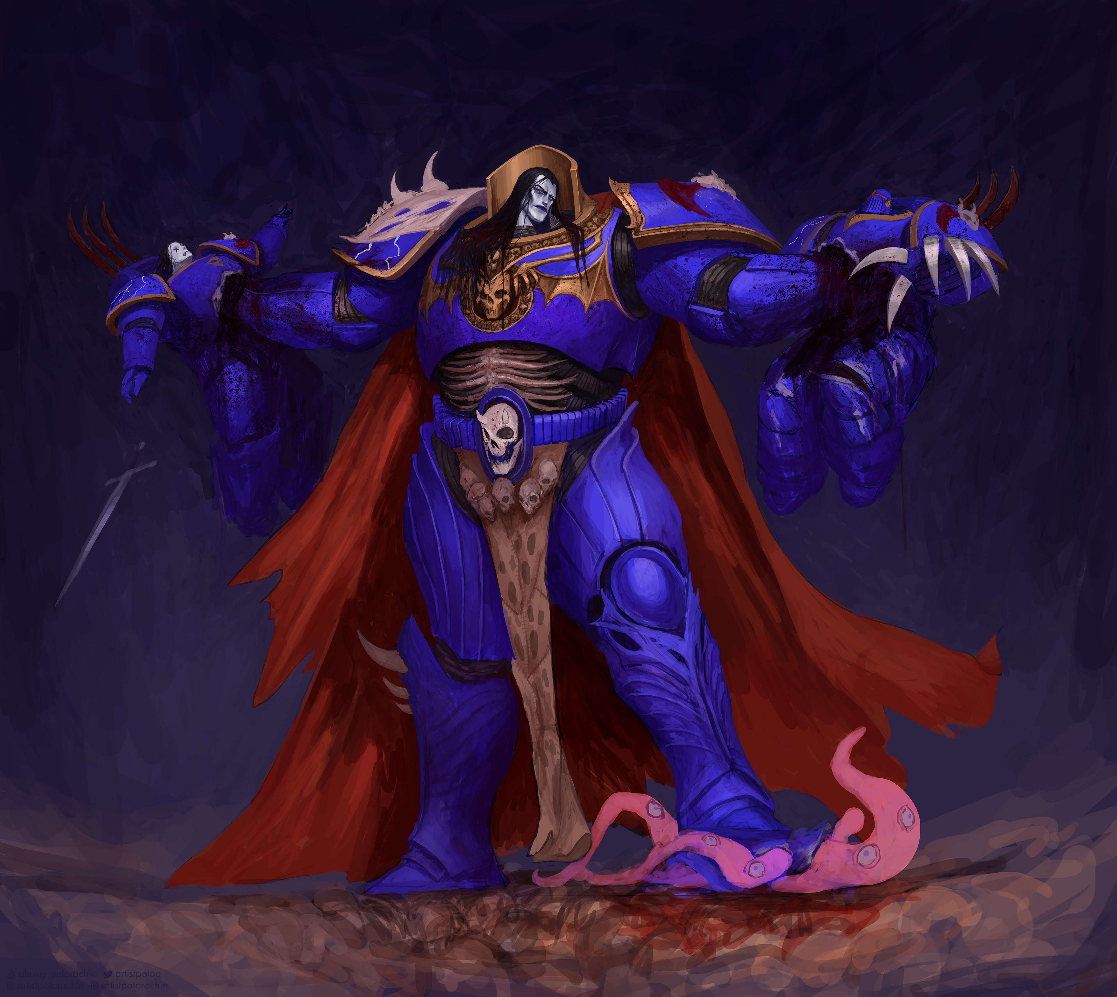 potoq, konrad curze, warhammer 40k, absurdres, highres, 1boy, 3boys, armor, black hair, blood, blue armor, blue lips, breastplate, cape, dropping, gauntlets, greaves, impaled, lightning claw, long hair, multiple boys, night lords, ornate armor, pale skin, pauldrons, pelvic curtain, power armor, primarch, red cape, shoulder armor, skull, skull ornament, spiked pauldrons, spikes, sword, weapon