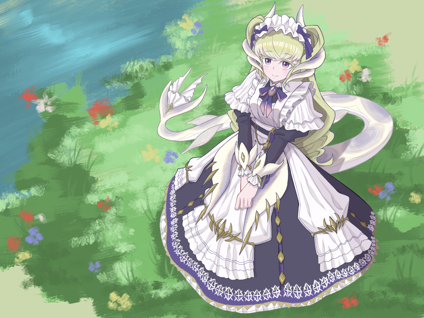 reset no yunai, lady's dragonmaid, yu-gi-oh!, commentary request, 1girl, apron, black dress, blonde hair, breasts, closed mouth, dragon girl, dragon horns, dragon tail, dragon wings, dress, duel monster, frilled apron, frilled hairband, frilled sleeves, frills, hairband, horns, long hair, long sleeves, looking up, maid, maid apron, medium breasts, puffy long sleeves, puffy sleeves, purple eyes, smile, solo, tail, white apron, wings