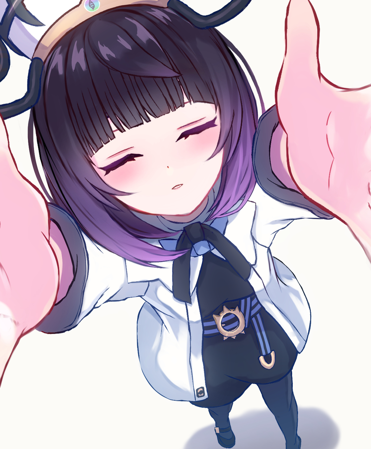 it ai, gwynn (pokemon), pokemon, pokemon legends: z-a, highres, closed eyes, purple hair, short hair, simple background, solo, white background