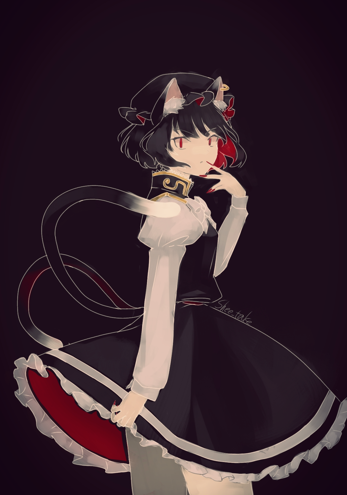 shee take, chen, touhou, commentary, highres, 1girl, alternate color, animal ears, artist name, black background, black dress, black hair, black hat, bow, bowtie, cat ears, cat girl, cat tail, colored inner hair, dress, fingernails, frilled hat, frills, hat, juliet sleeves, long sleeves, looking at viewer, looking to the side, mob cap, multicolored hair, multiple tails, nail polish, petticoat, puffy sleeves, red eyes, red hair, red nails, shirt, short hair, simple background, solo, tail, two-tone hair, two tails, white shirt, yellow bow, yellow bowtie