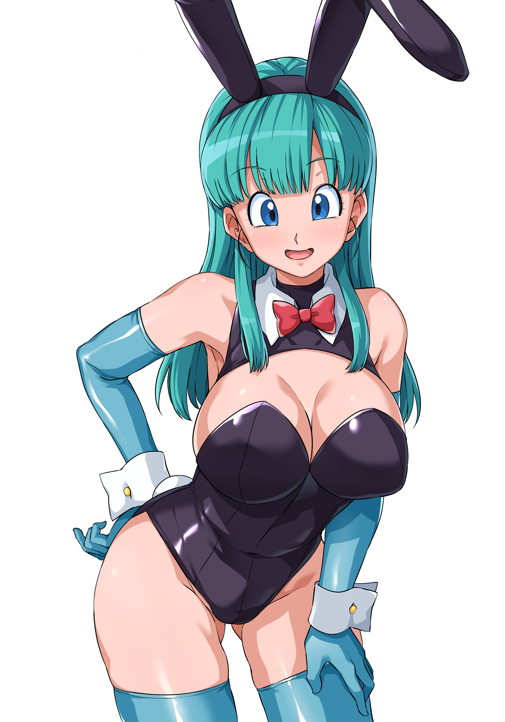 haruhisky, bulma, dragon ball, dragon ball (classic), absurdres, commentary request, highres, 1girl, :d, animal ear hairband, animal ears, aqua gloves, aqua hair, aqua thighhighs, black hairband, black leotard, blue eyes, bow, bowtie, breasts, cleavage, cleavage cutout, clothing cutout, detached collar, elbow gloves, fake animal ears, gloves, gluteal fold, hairband, hand on own hip, large breasts, leotard, long hair, looking at viewer, open mouth, playboy bunny, rabbit ears, red bow, red bowtie, smile, solo, standing, thighhighs, thighs, white wrist cuffs, wrist cuffs