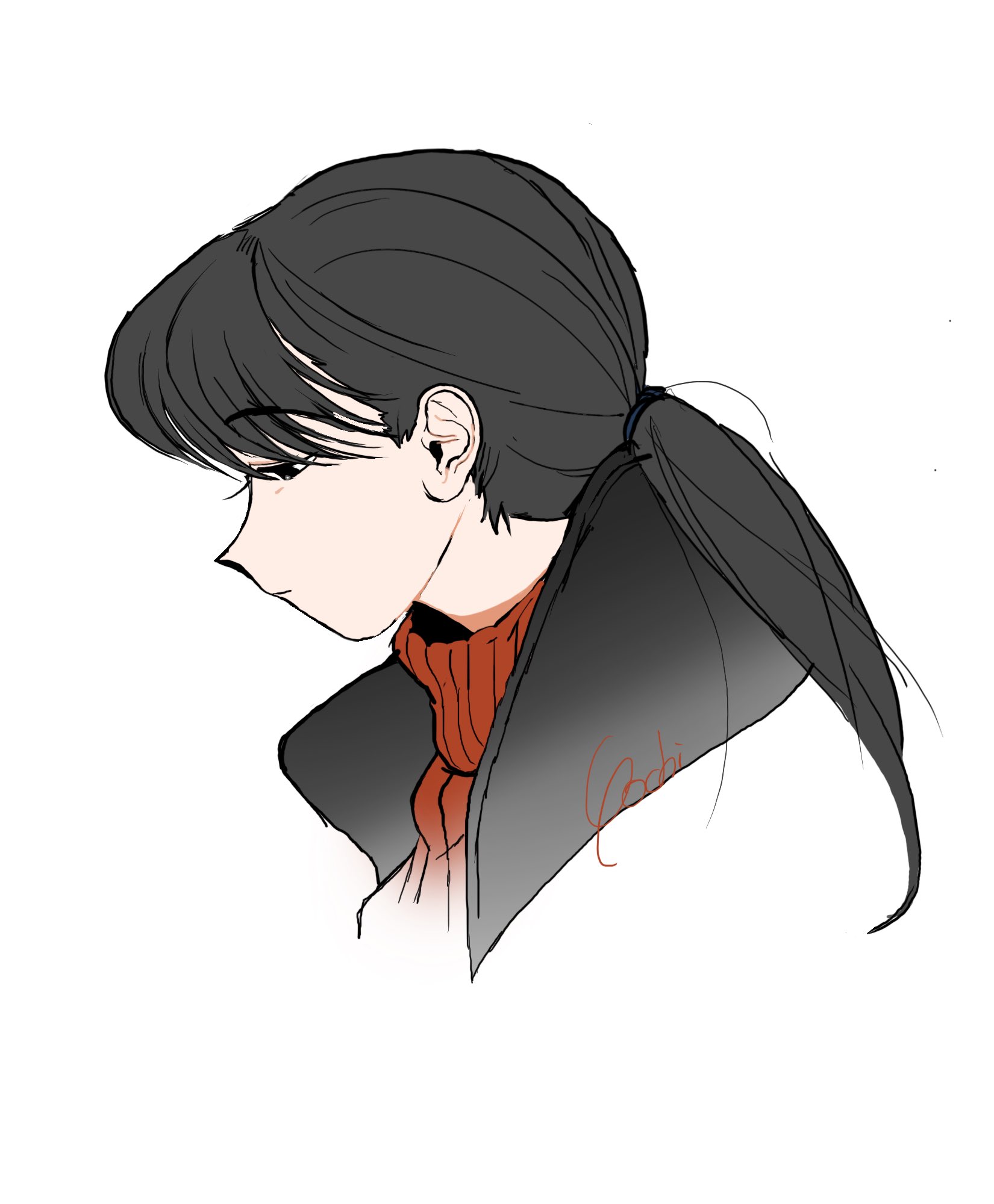 kagaya (oshiriudon), original, highres, 1girl, black eyes, black hair, cropped torso, long hair, looking down, low ponytail, ponytail, popped collar, profile, solo, sweater