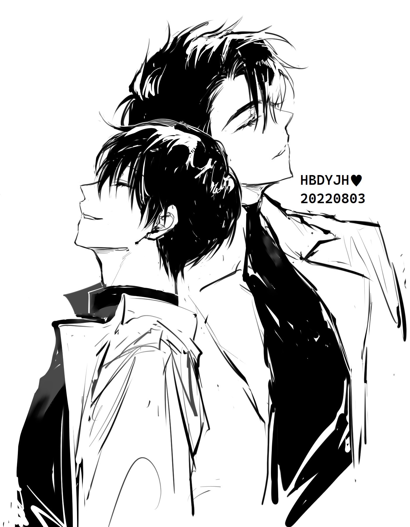 kim dokja, yoo joonghyuk, omniscient reader's viewpoint, commentary, english commentary, highres, 2boys, black hair, black shirt, chin rest, closed eyes, coat, crew neck, curtained hair, greyscale, happy birthday, head on head, head rest, male focus, monochrome, multiple boys, open clothes, open coat, popped collar, rhyme1863, shirt, short hair, smile, upper body, yaoi