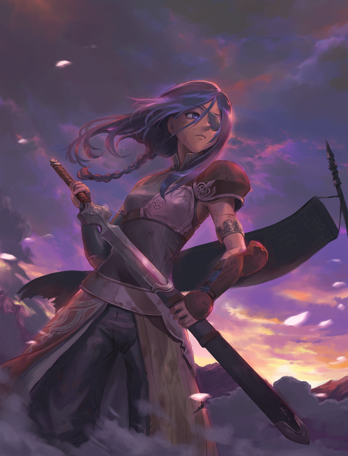 iceojin, original, pixiv fantasia, pixiv fantasia 3, bad id, bad pixiv id, blue hair, braid, cloud, eyepatch, long hair, petals, sheath, single braid, solo, sword, unsheathing, weapon