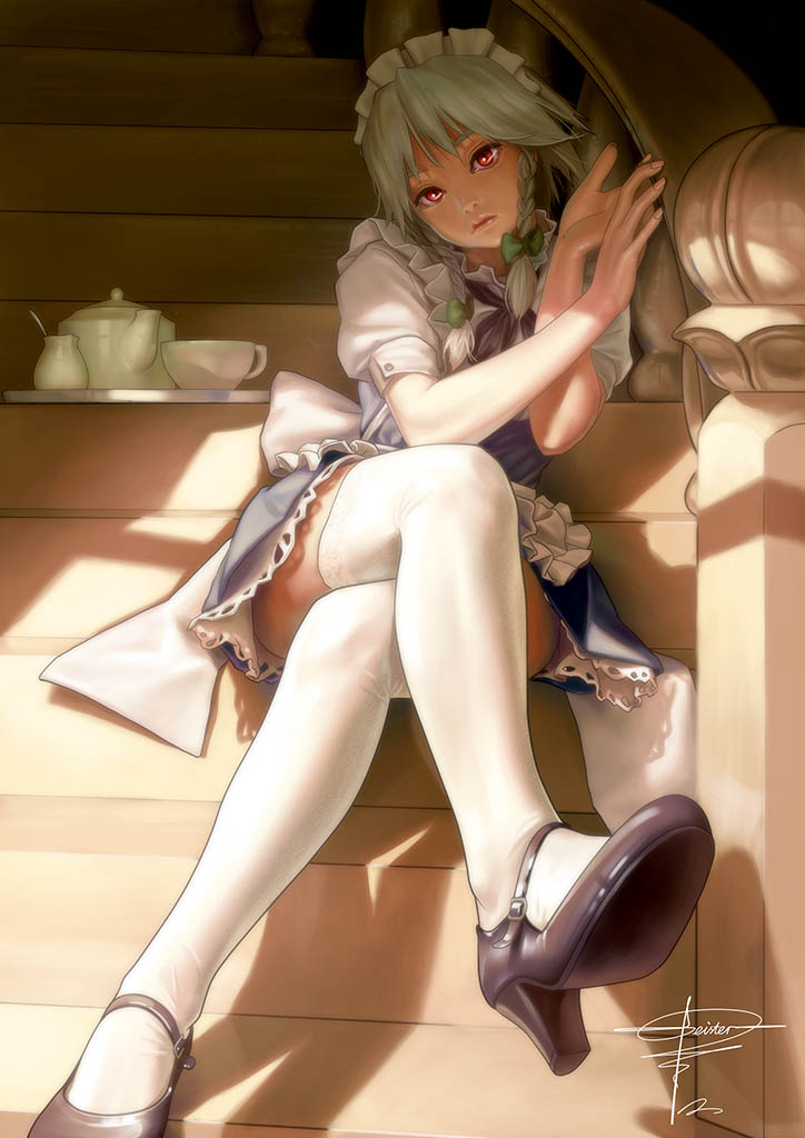 geister, izayoi sakuya, embodiment of scarlet devil, touhou, 1girl, artist name, bow, braid, crossed legs, cup, feet, female focus, hair bow, hair ribbon, high heels, legs, lips, long legs, maid, maid headdress, mary janes, realistic, red eyes, ribbon, shoes, signature, sitting, sitting on stairs, solo, stairs, tea set, teacup, teapot, thighhighs, twin braids, white thighhighs, zettai ryouiki