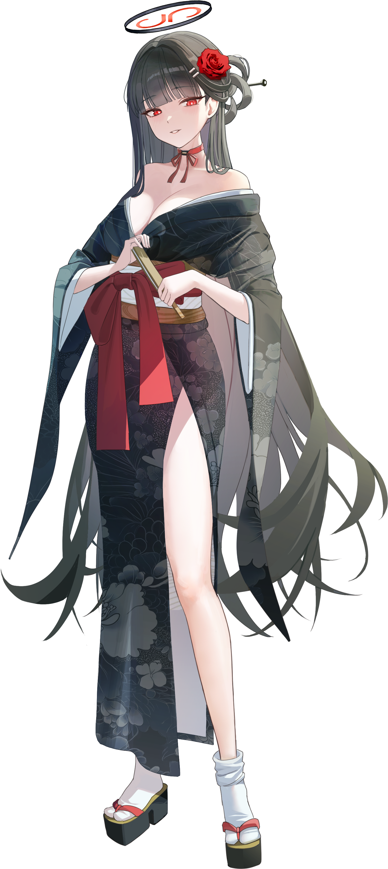hallo (rltkdydrltk), rio (blue archive), blue archive, absurdres, commentary, highres, 1girl, alternate costume, bare legs, bare shoulders, black hair, black kimono, blunt bangs, breasts, cleavage, flower, folded fan, folding fan, full body, hair flower, hair ornament, halo, hand fan, holding, holding fan, japanese clothes, kimono, large breasts, long hair, looking at viewer, neck ribbon, obi, platform sandals, red eyes, red ribbon, ribbon, sandals, sash, simple background, smile, socks, solo, straight hair, tabi, transparent background, very long hair, white socks, wide sleeves, zouri