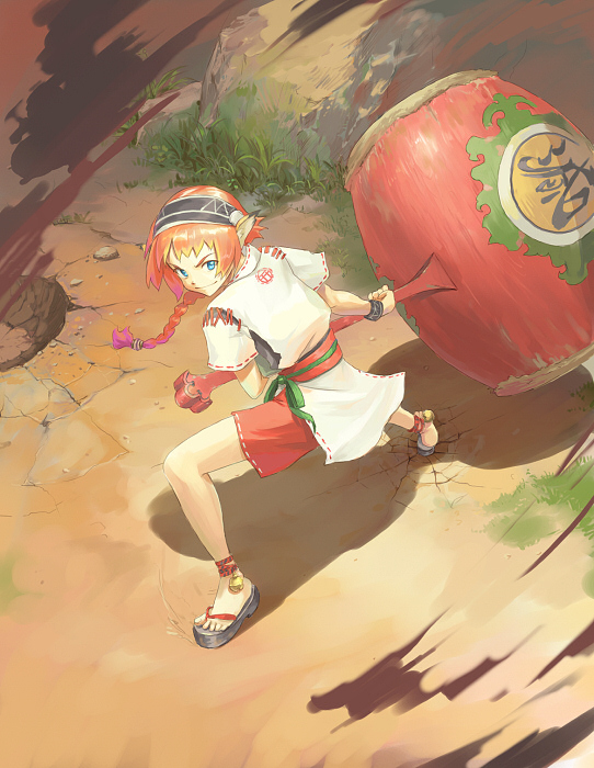 iceojin, original, bad id, bad pixiv id, 1girl, animal ears, anklet, barefoot, bell, blue eyes, braid, clog sandals, female focus, hairband, jewelry, long hair, mallet, orange hair, ribbon-trimmed clothes, ribbon-trimmed sleeves, ribbon trim, sandals, shorts, single braid, solo, weapon, zouri