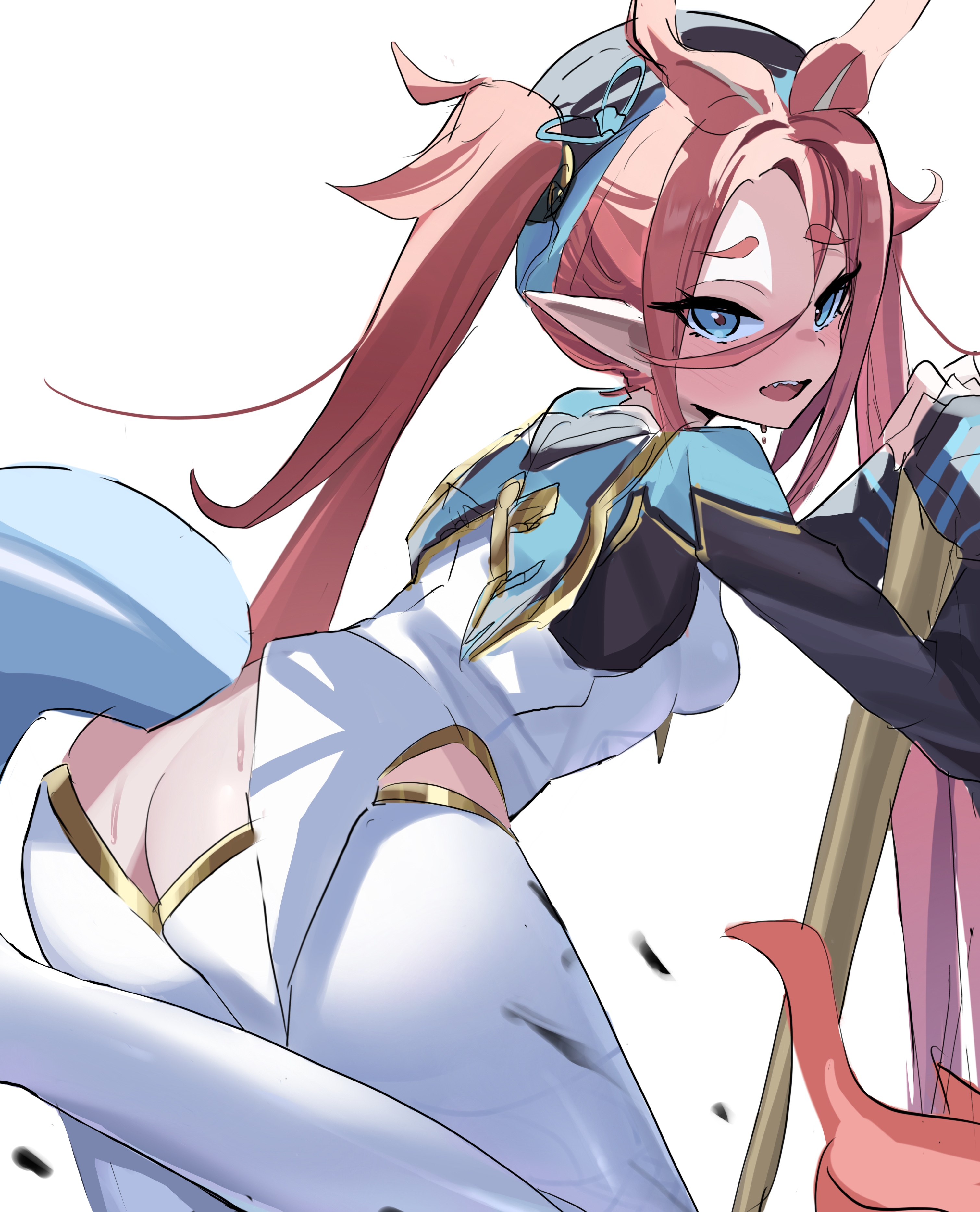 kuwa za, chixia (stella sora), stella sora, absurdres, highres, 1girl, aqua capelet, black sleeves, blue eyes, blue tail, breasts, calligraphy brush, capelet, dress, eastern dragon tail, fanged bangs, flipped bangs, furisode sleeves, giant brush, hiphighs, holding, holding calligraphy brush, holding paintbrush, long hair, long sidelocks, long sleeves, no panties, open mouth, paintbrush, pantyhose, red hair, short eyebrows, sidelocks, small breasts, solo, tail, twintails, very long hair, white dress, white hiphighs, white pantyhose, yunjian