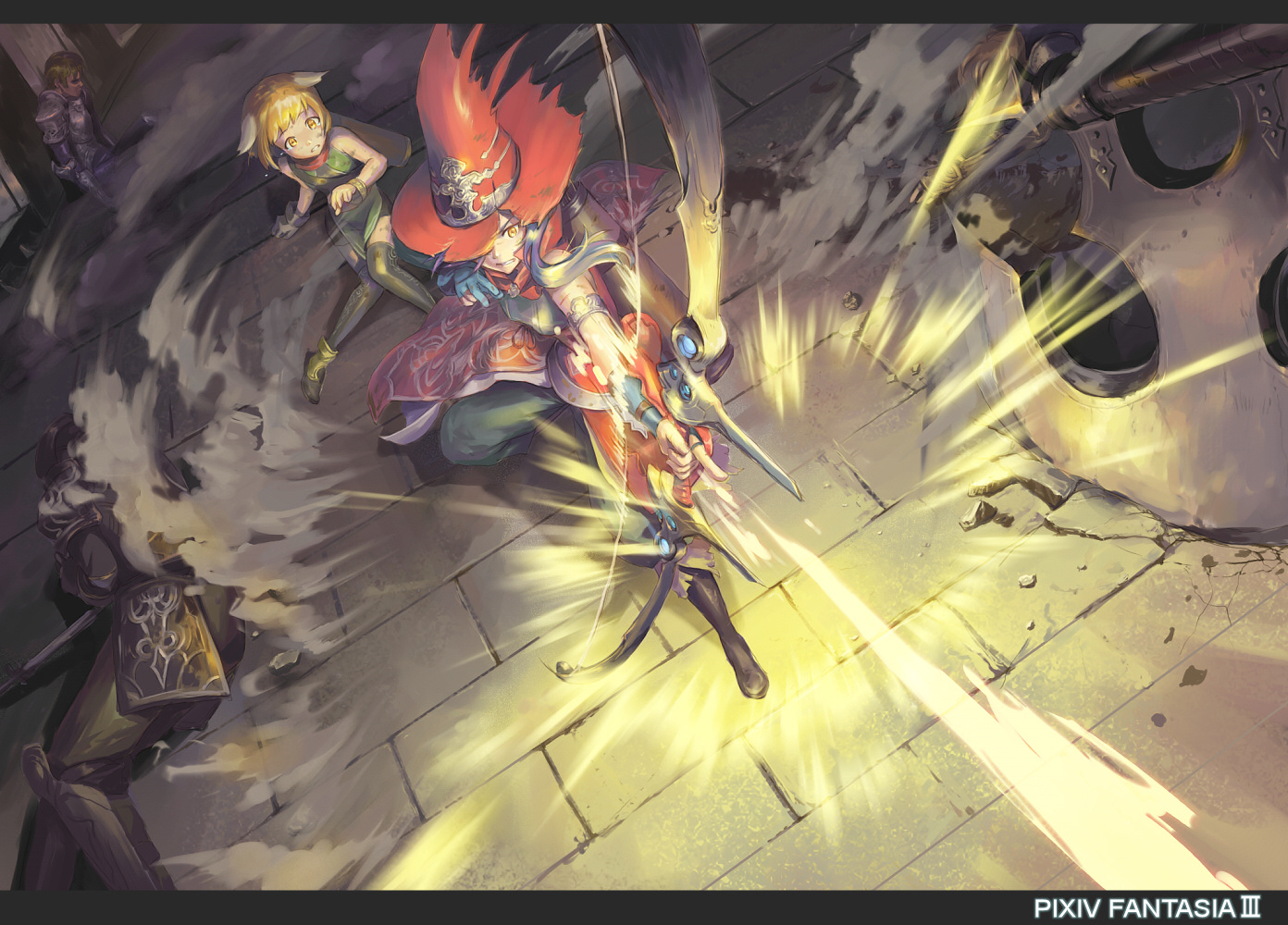 iceojin, pixiv fantasia, pixiv fantasia 3, bad id, bad pixiv id, 2girls, animal ears, armor, bow (weapon), copyright name, drawing bow, hat, holding, holding bow (weapon), holding weapon, multiple girls, weapon, witch hat, yellow eyes