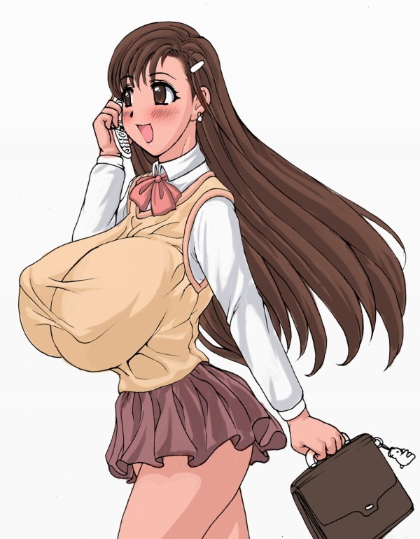 breasts, briefcase, brown eyes, brown hair, hair ornament, hairclip, huge breasts, large breasts, long hair, school uniform