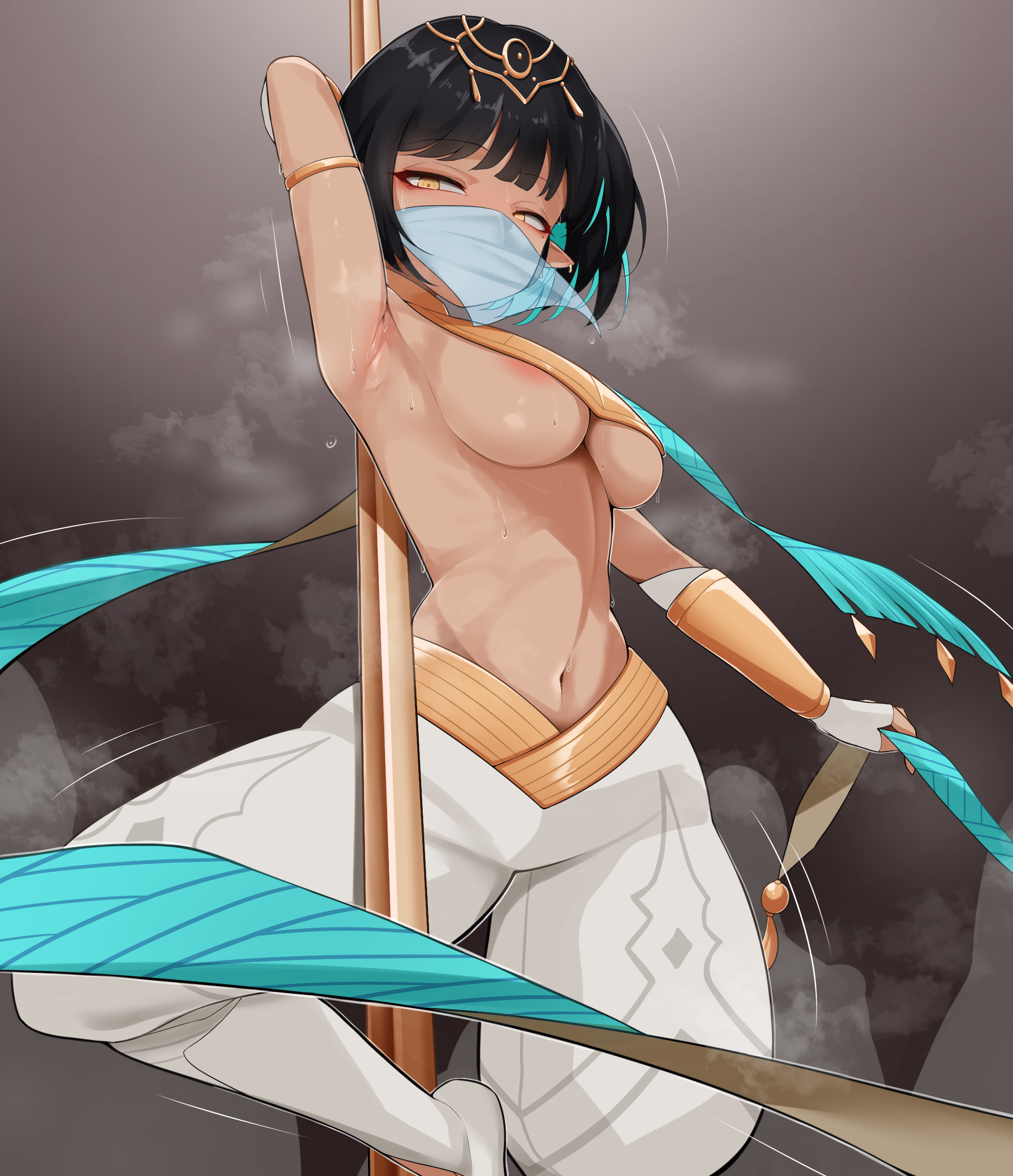 ahmik, khali (maplestory), maplestory, absurdres, highres, 1girl, areola slip, arm behind head, armpits, black background, black hair, breasts, brown eyes, dancer, dancing, eyebrows hidden by hair, harem outfit, looking at viewer, medium breasts, motion lines, pole dancing, short hair, simple background, solo, steaming body