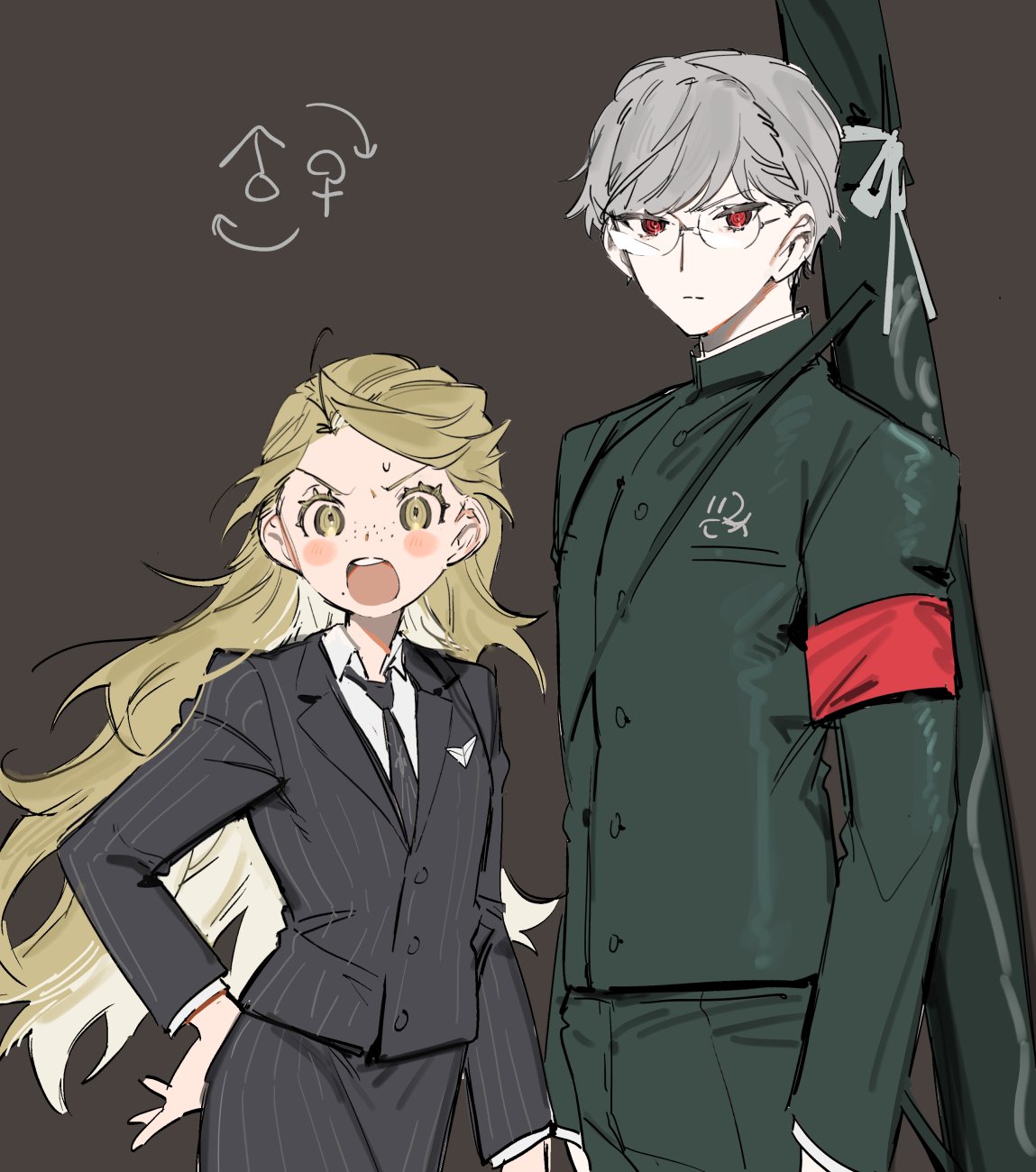 nezu (astarear), kuzuryu fuyuhiko, pekoyama peko, danganronpa (series), danganronpa 2: goodbye despair, commentary request, highres, 1boy, 1girl, armband, blonde hair, blush stickers, brown background, collared shirt, expressionless, formal clothes, freckles, gakuran, genderswap, genderswap (ftm), genderswap (mtf), glasses, grey hair, hand on own hip, long hair, long sleeves, looking at viewer, mole, mole under mouth, necktie, open mouth, red eyes, school uniform, shirt, short hair, striped suit, suit, very long hair, weapon case, yellow eyes